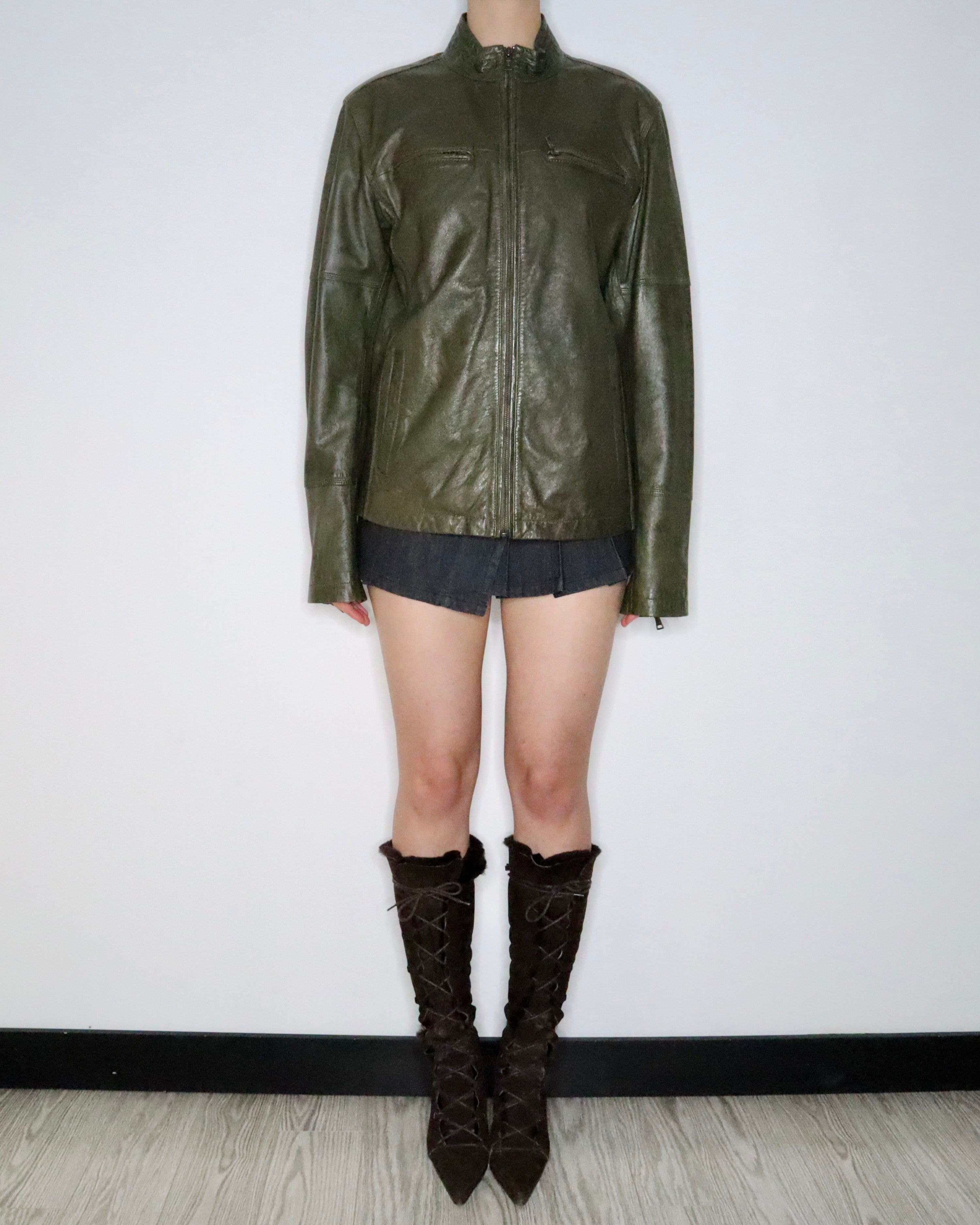 Green Leather Motorcycle Jacket (Large) 
