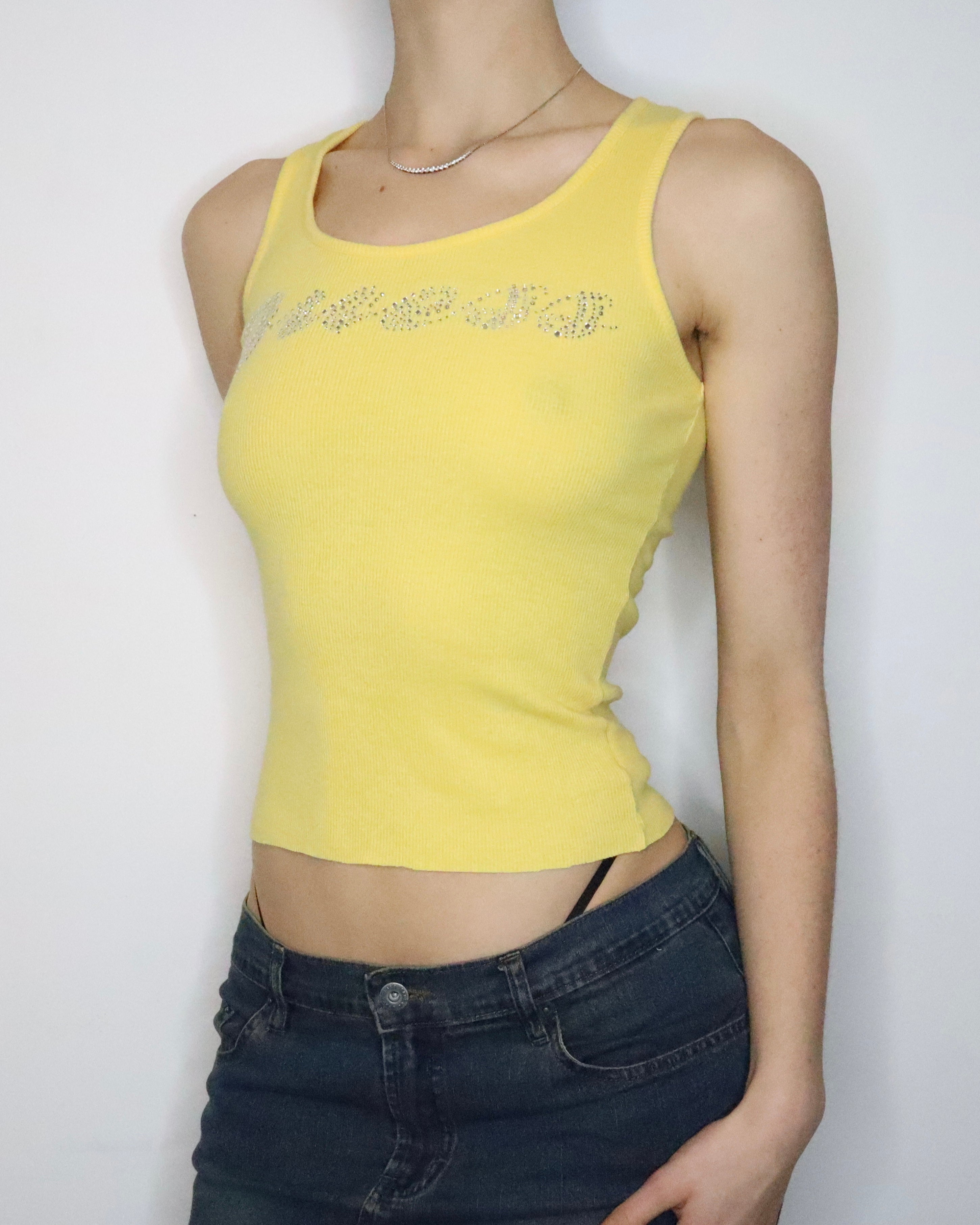 Guess Yellow Diamanté Tank Top (Small) 
