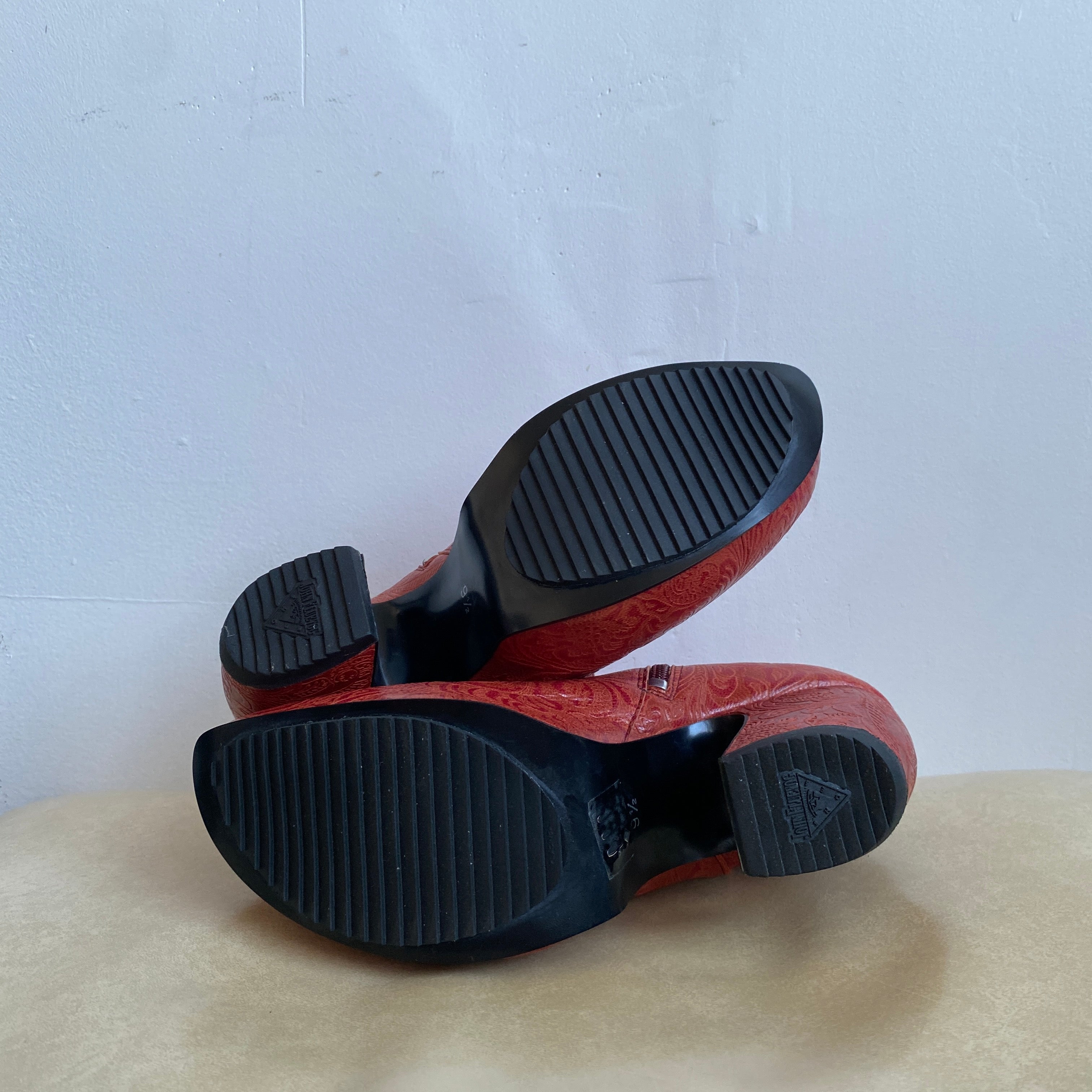 Burnt orange baroque platforms