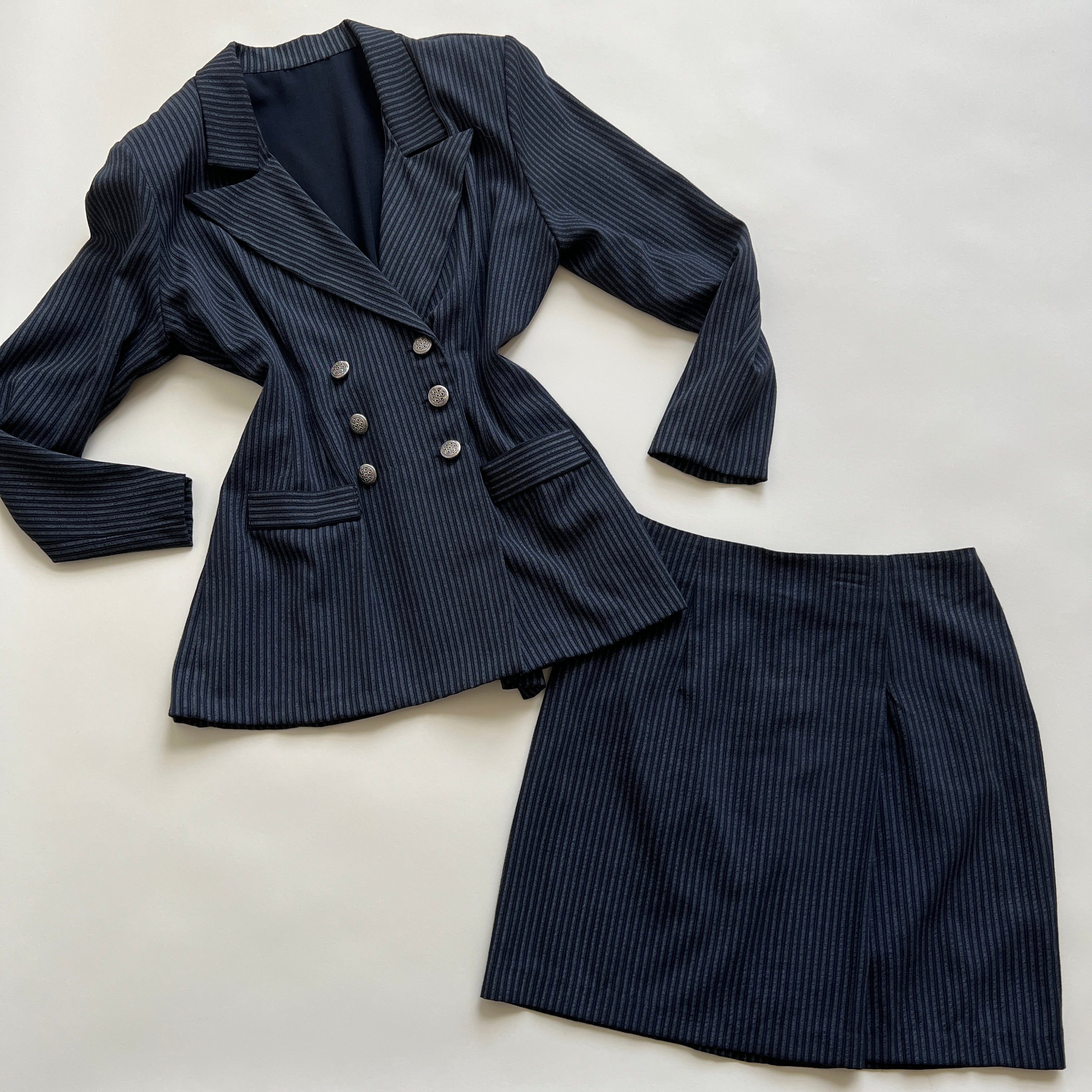 Navy pinstripe skirt suit