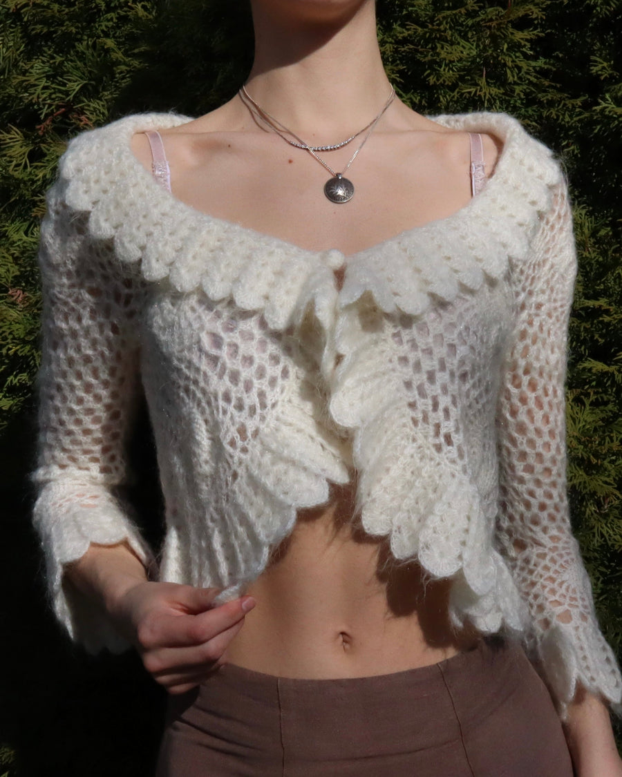 White Mohair Crochet Cardigan (Medium) 