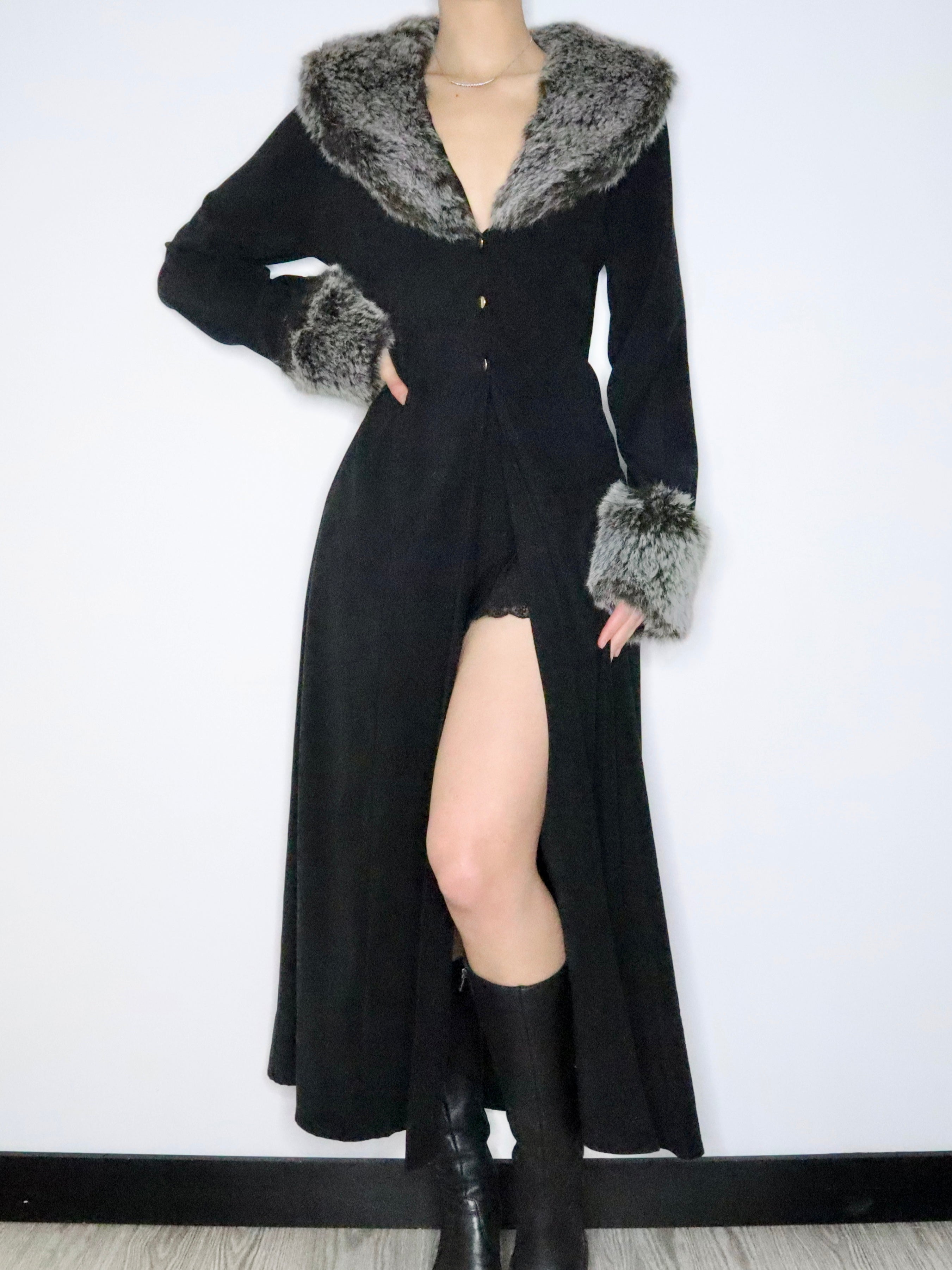 Black Faux Fur Trim Duster (M-L) 