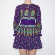 70s Purple Paisley Mini Dress (XS)