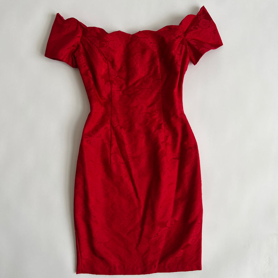 Vintage 80s red scallop bodycon dress (S)