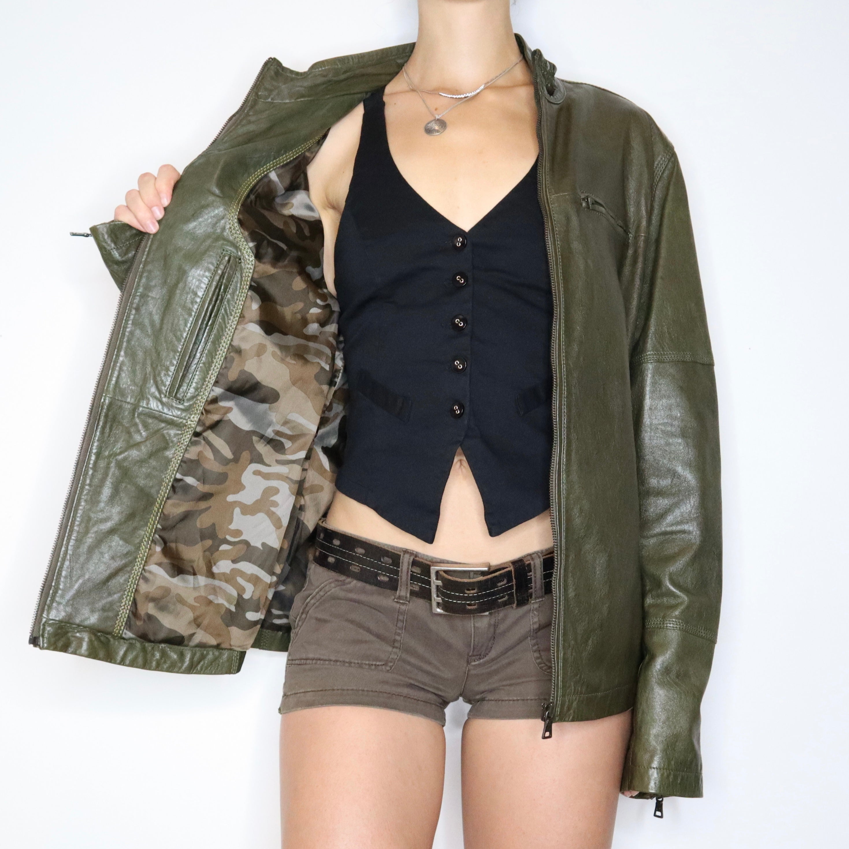 Green Leather Cafe Racer Jacket (L) 