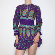 70s Purple Paisley Mini Dress (XS)