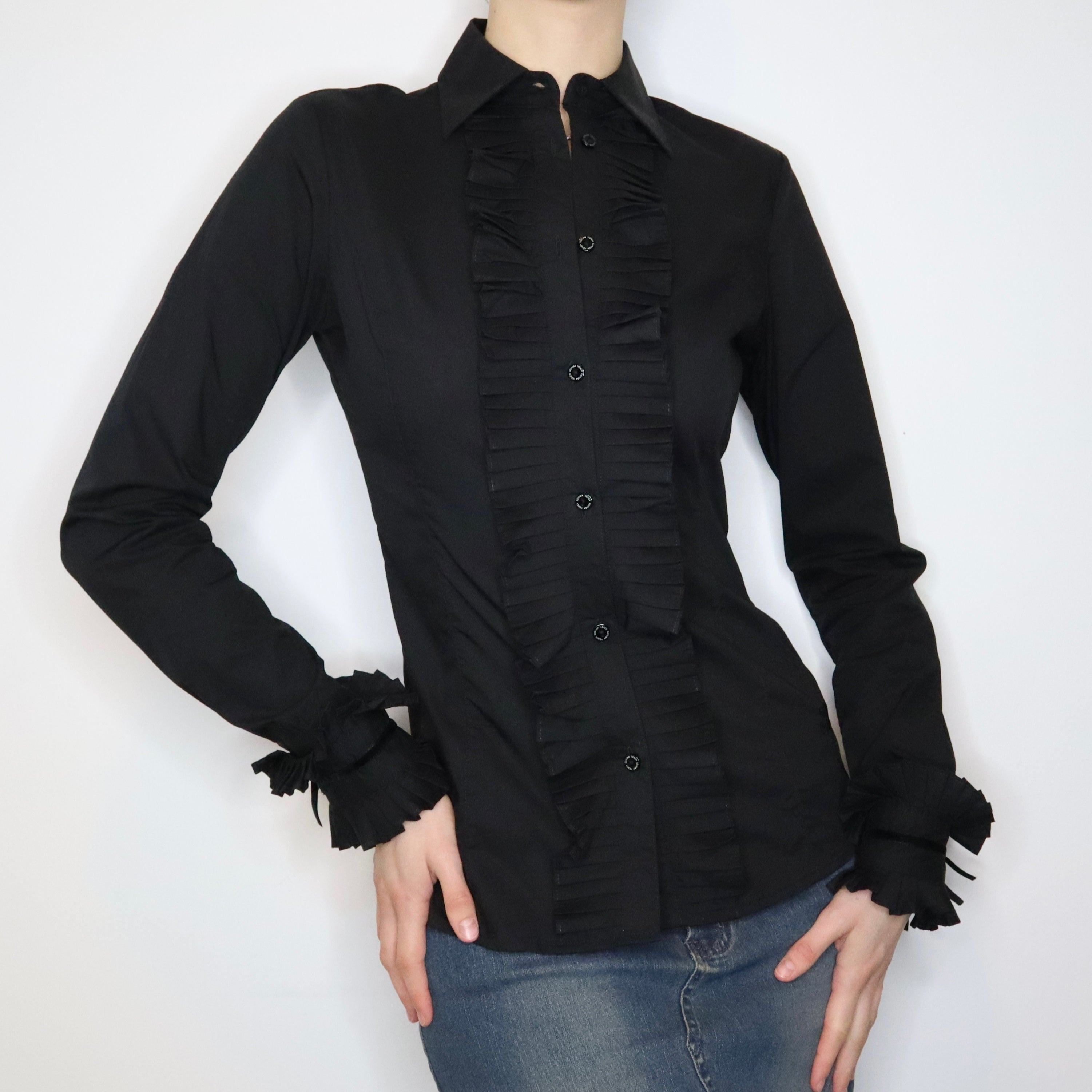 Black Ruffled Button Up Blouse (Medium) 