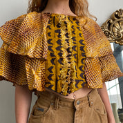 Brown print ruffle cape top