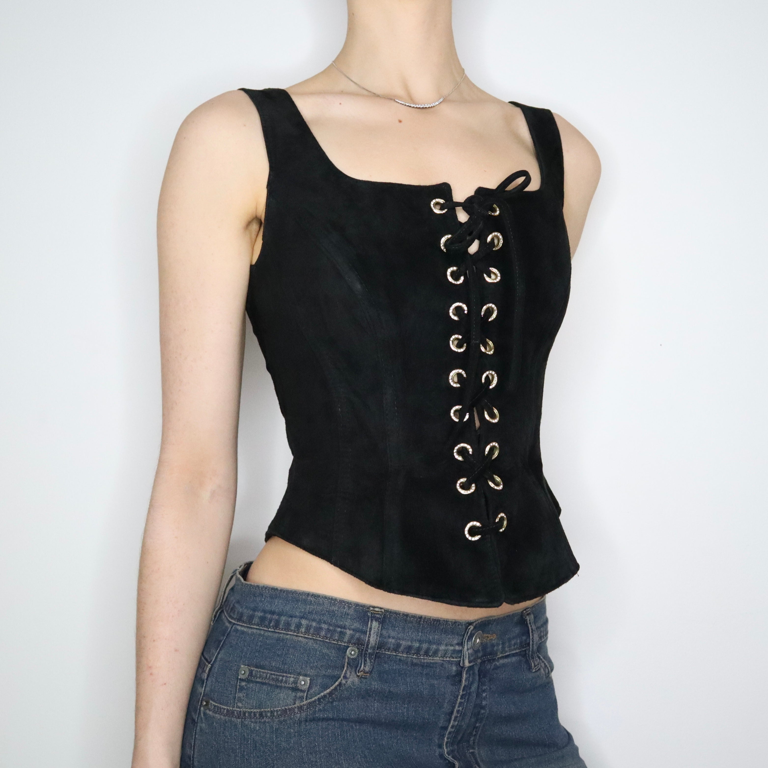 90s Black Suede Lace Up Corset (S)