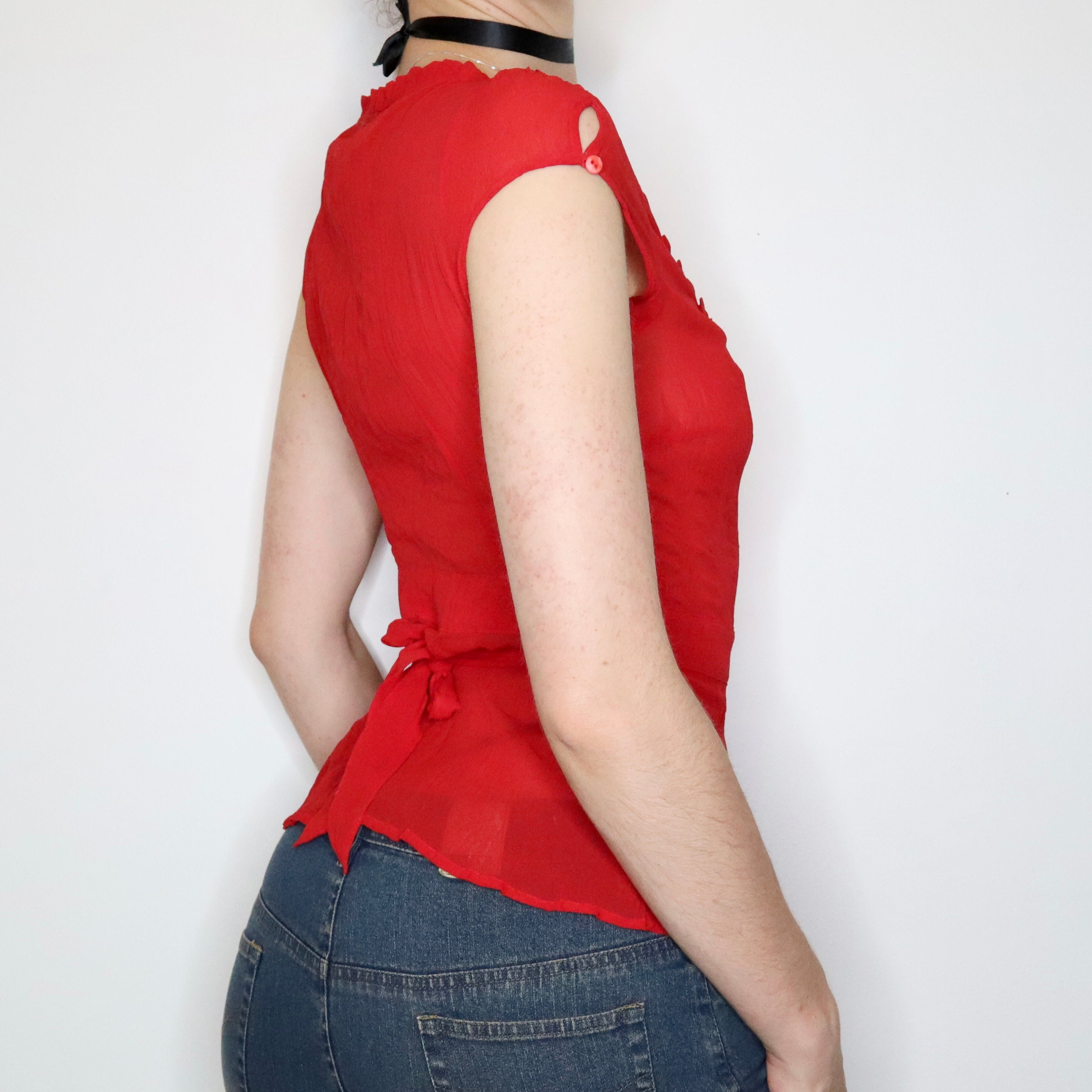 Red Silk Chiffon Blouse (S-M) 