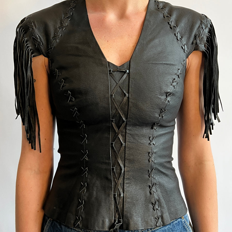 black leather stitch & fringe top