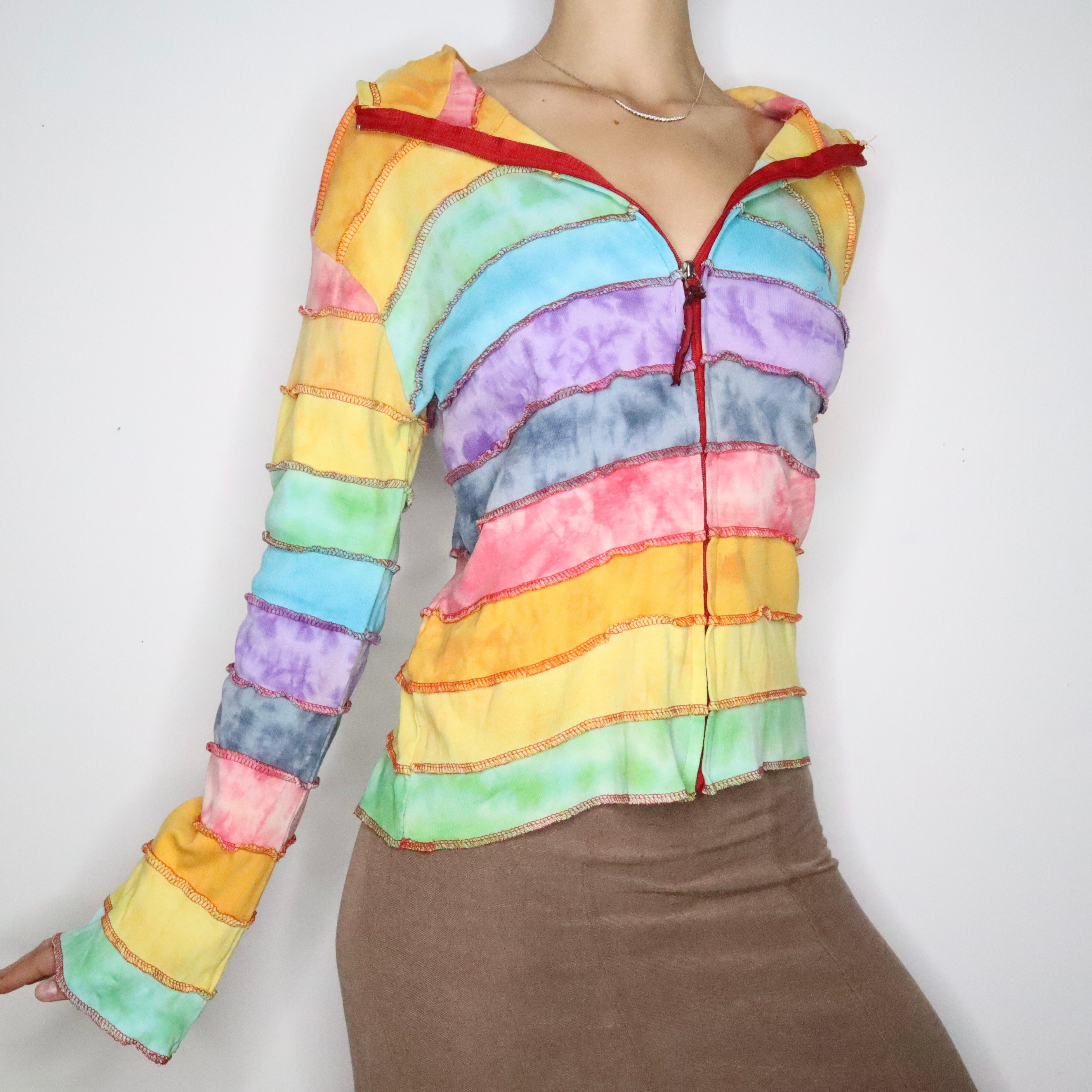 Rainbow Patchwork Zip Up Hoodie (Large)