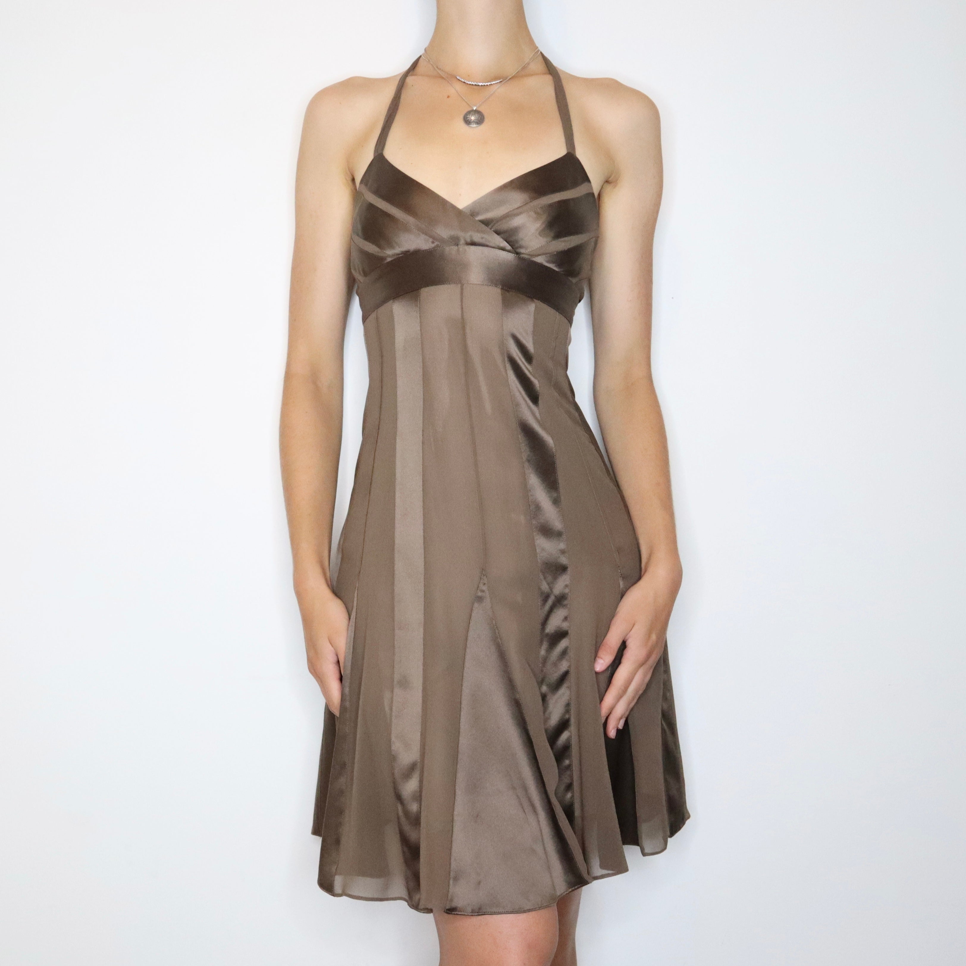 Y2K BCBG Brown Silk Halter Dress (XS)