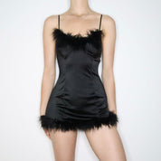 Marabou Trim Black Mini Dress (Small)