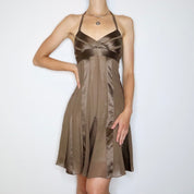 Y2K BCBG Brown Silk Halter Dress (XS)