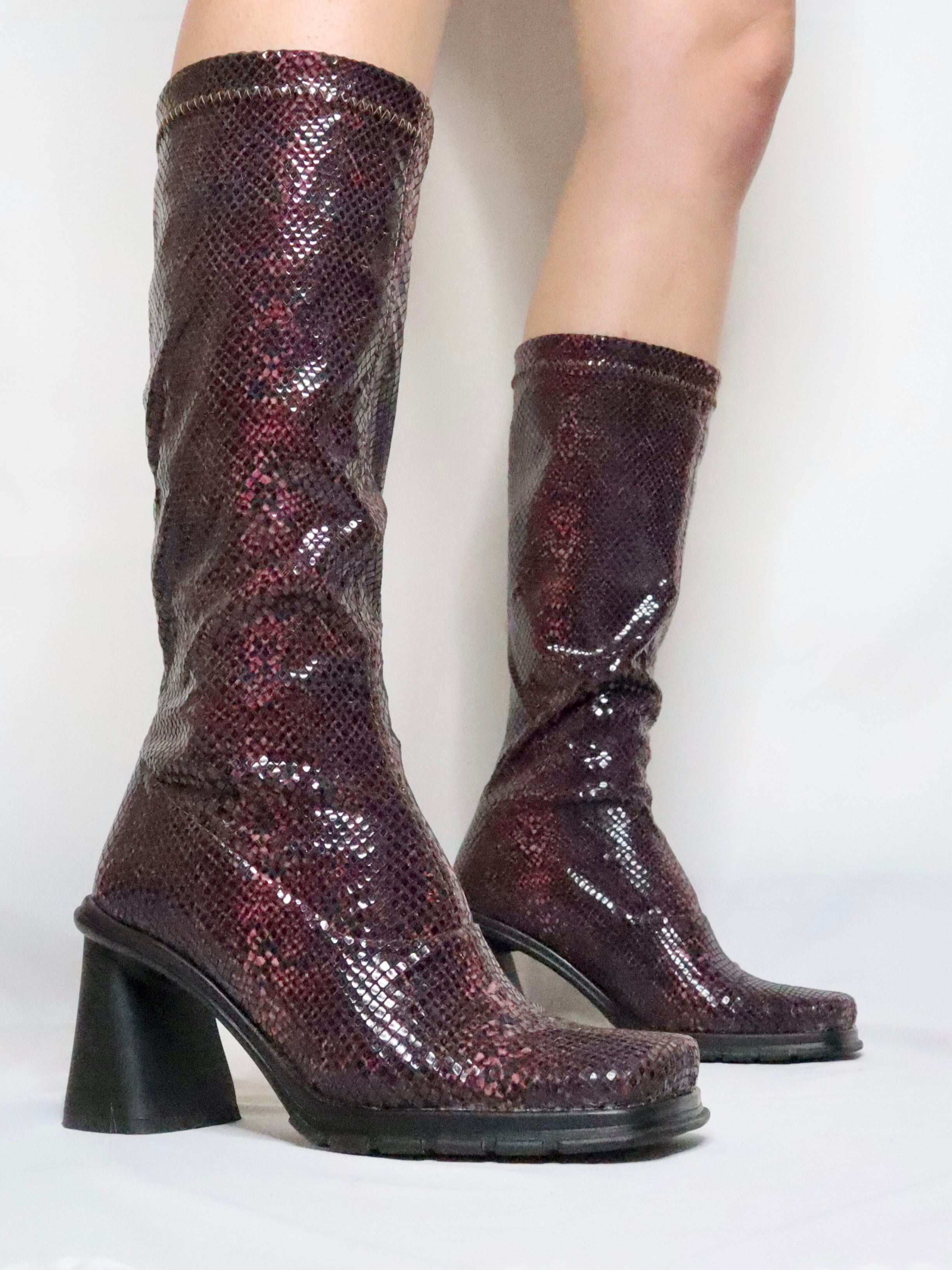 Maroon Faux Snakeskin Boots (6 US/36 IT)