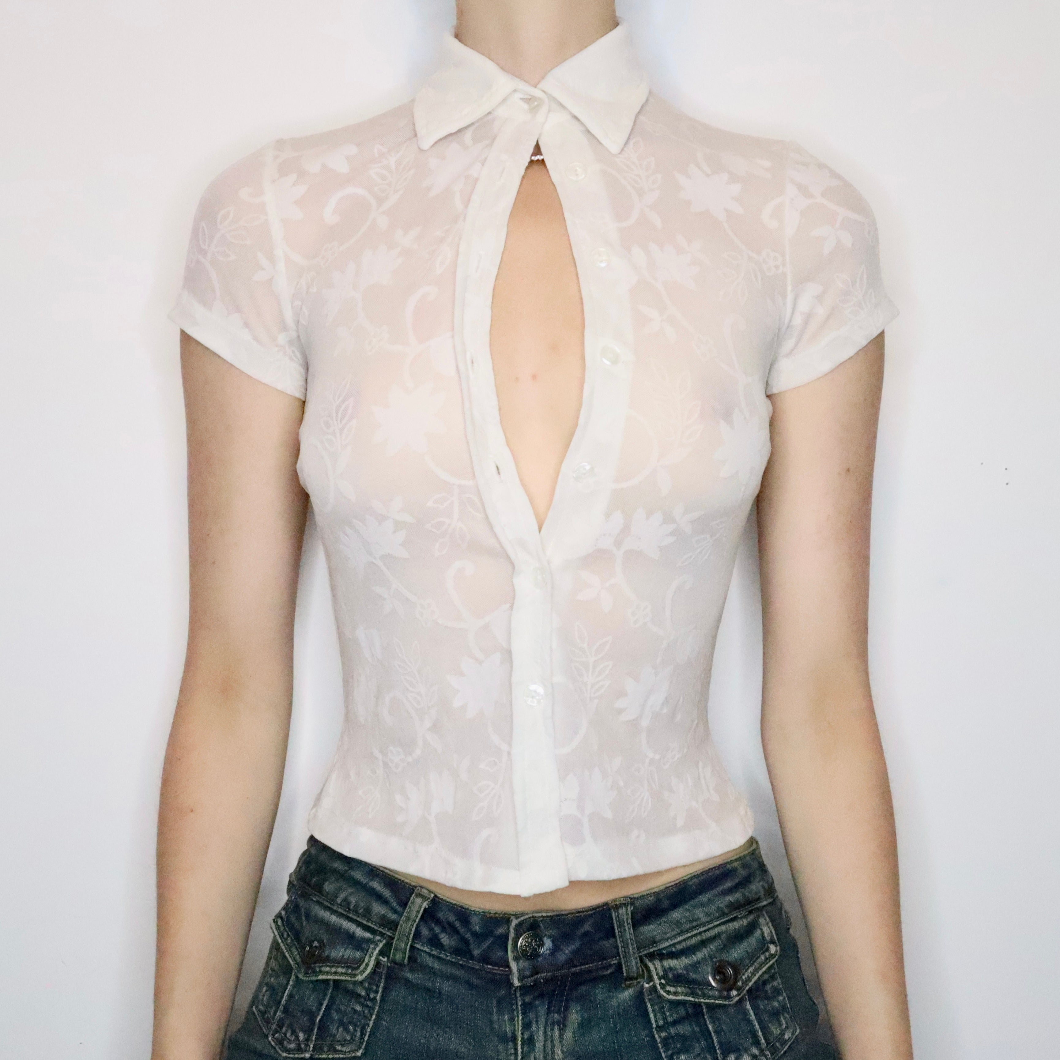 White Mesh Button-Up Top (Small)