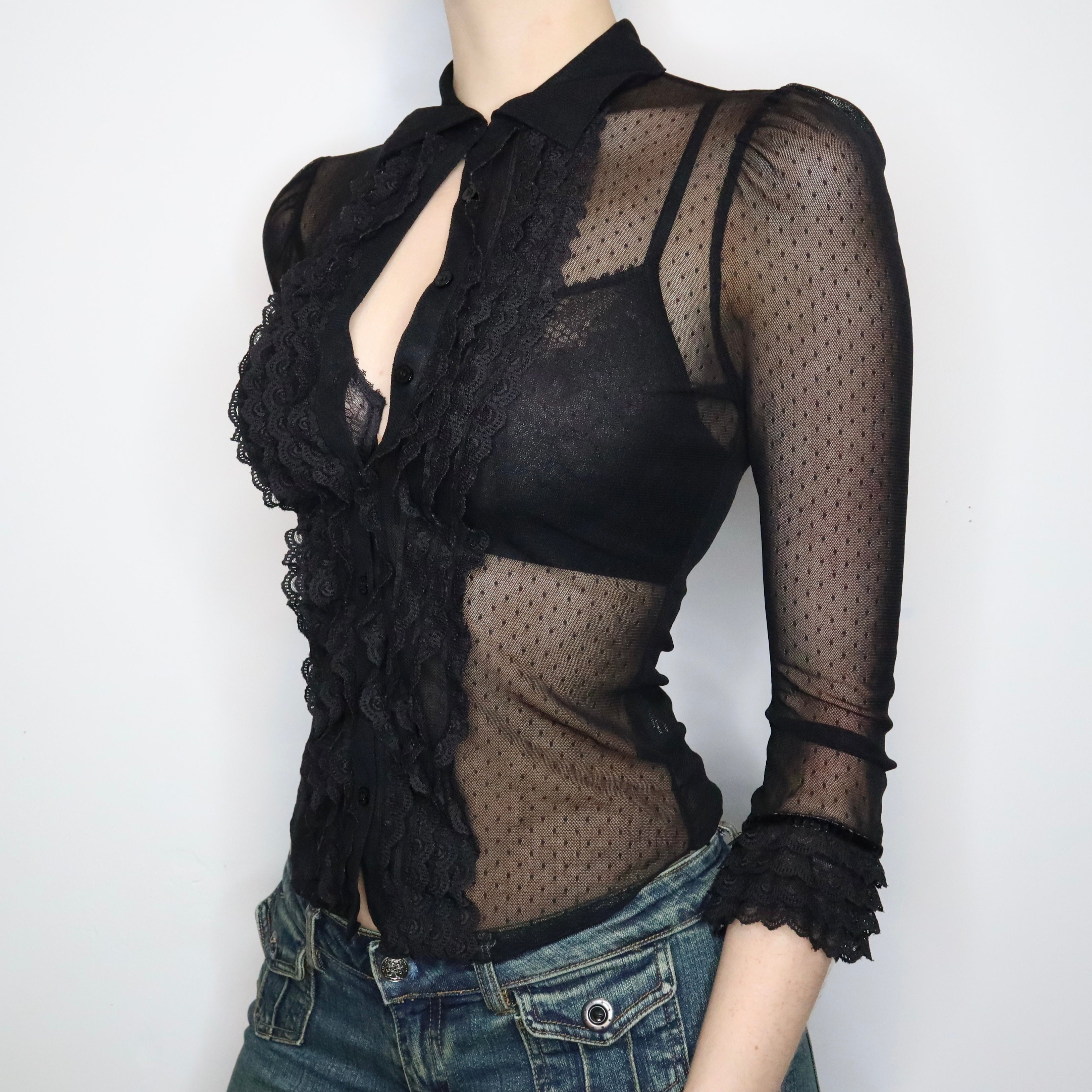 Black Mesh Ruffle Blouse (Small)