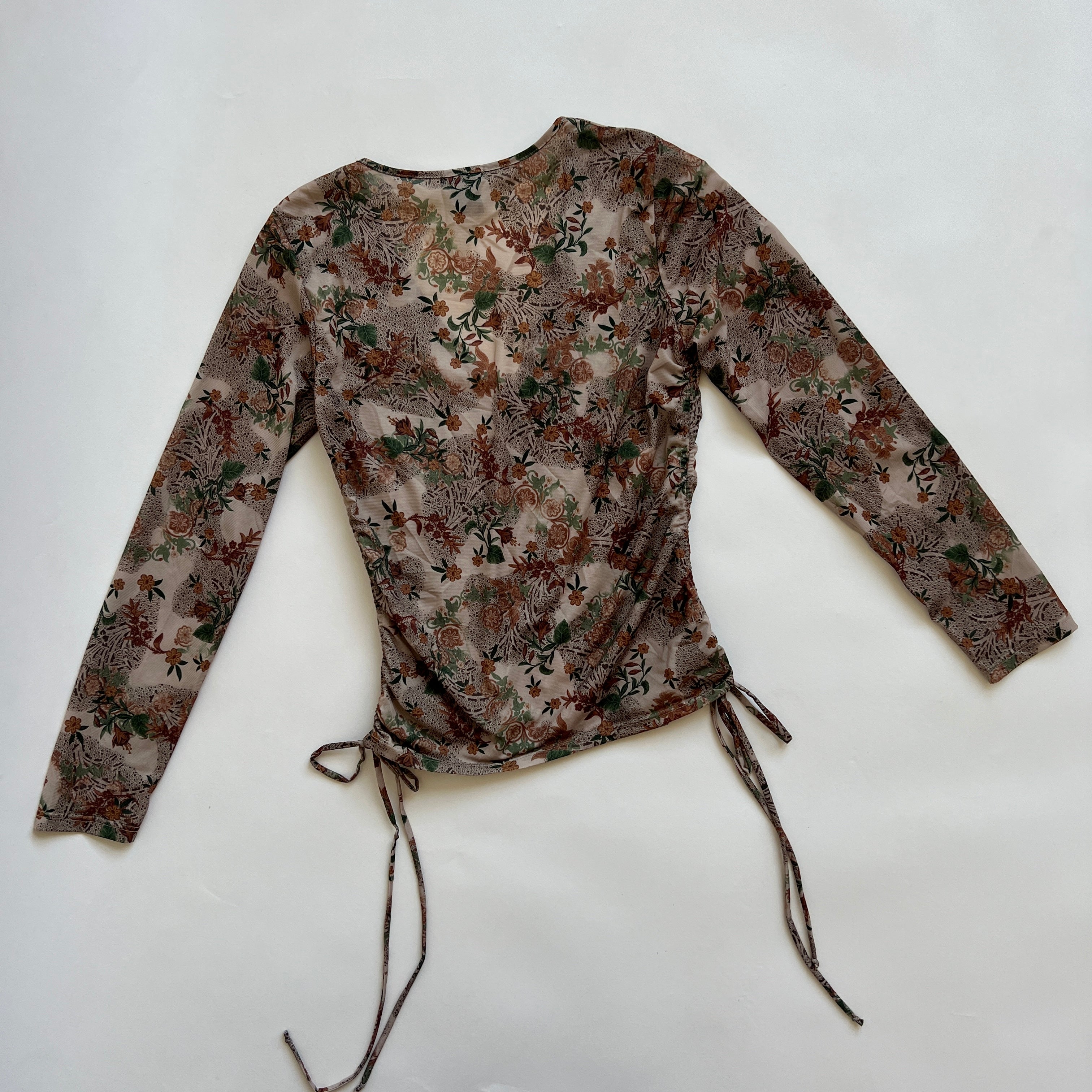 00s brown print semi sheer top