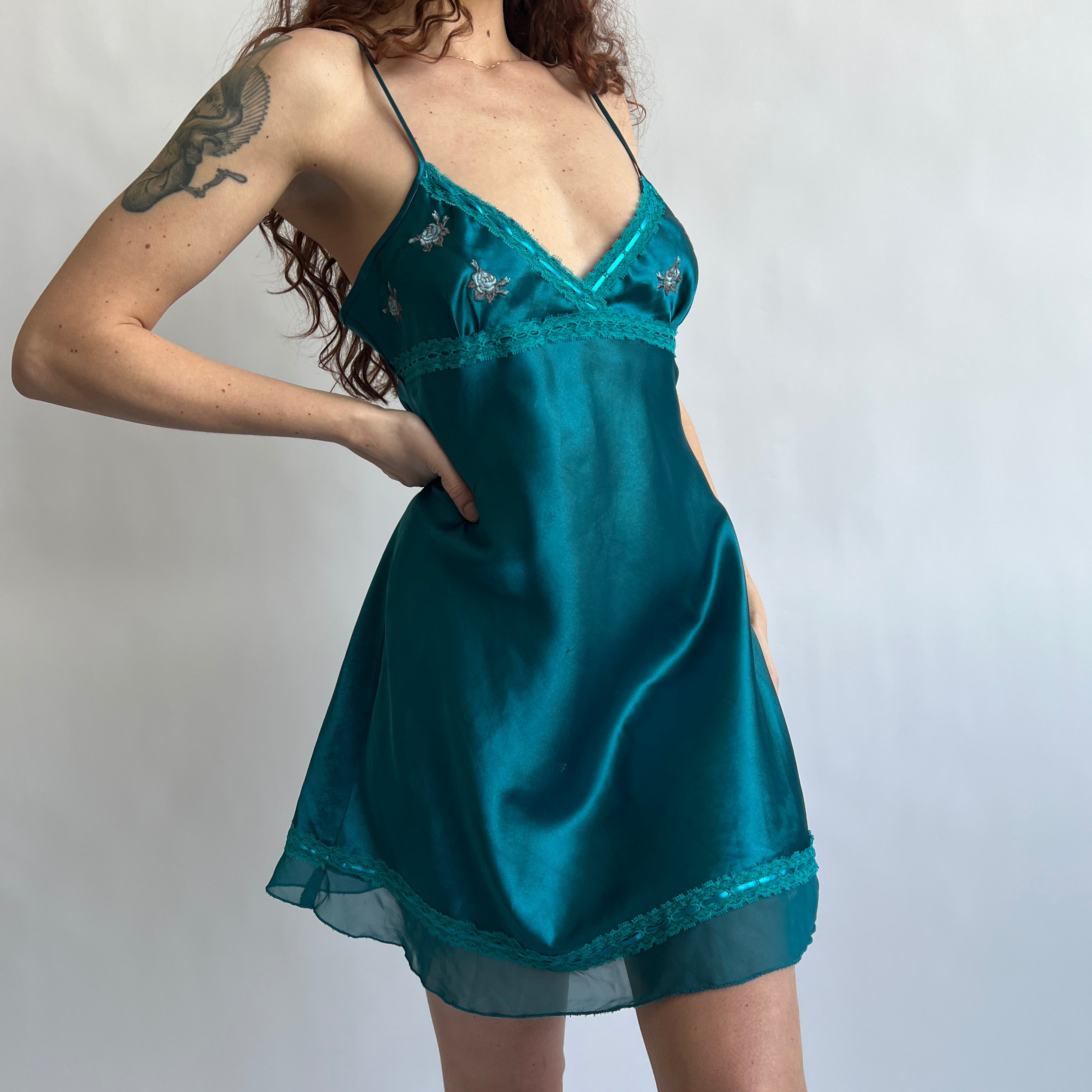 Teal satin embroidered flower slip