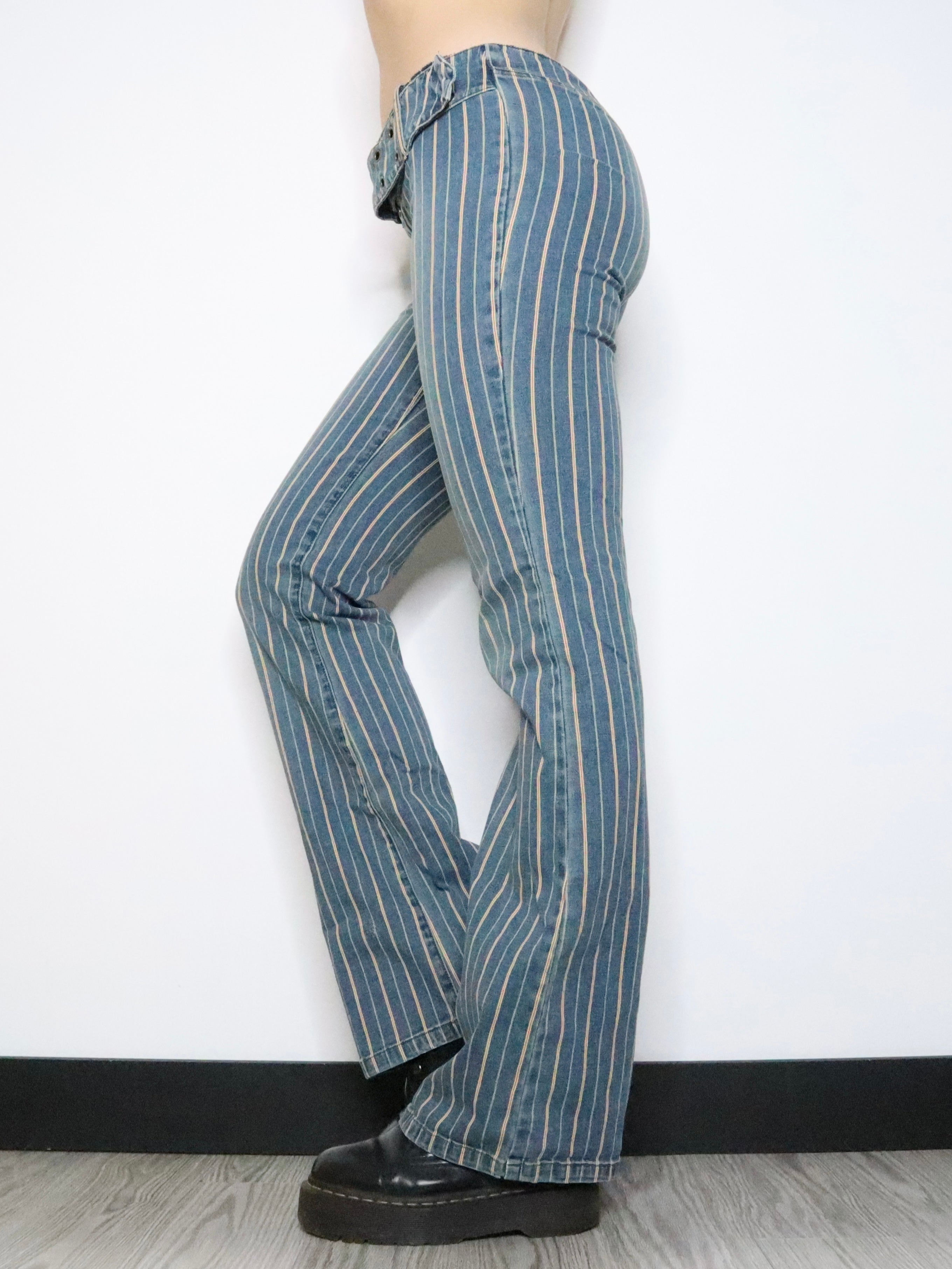 Pinstripe Buckle Flare Jeans (Medium) 