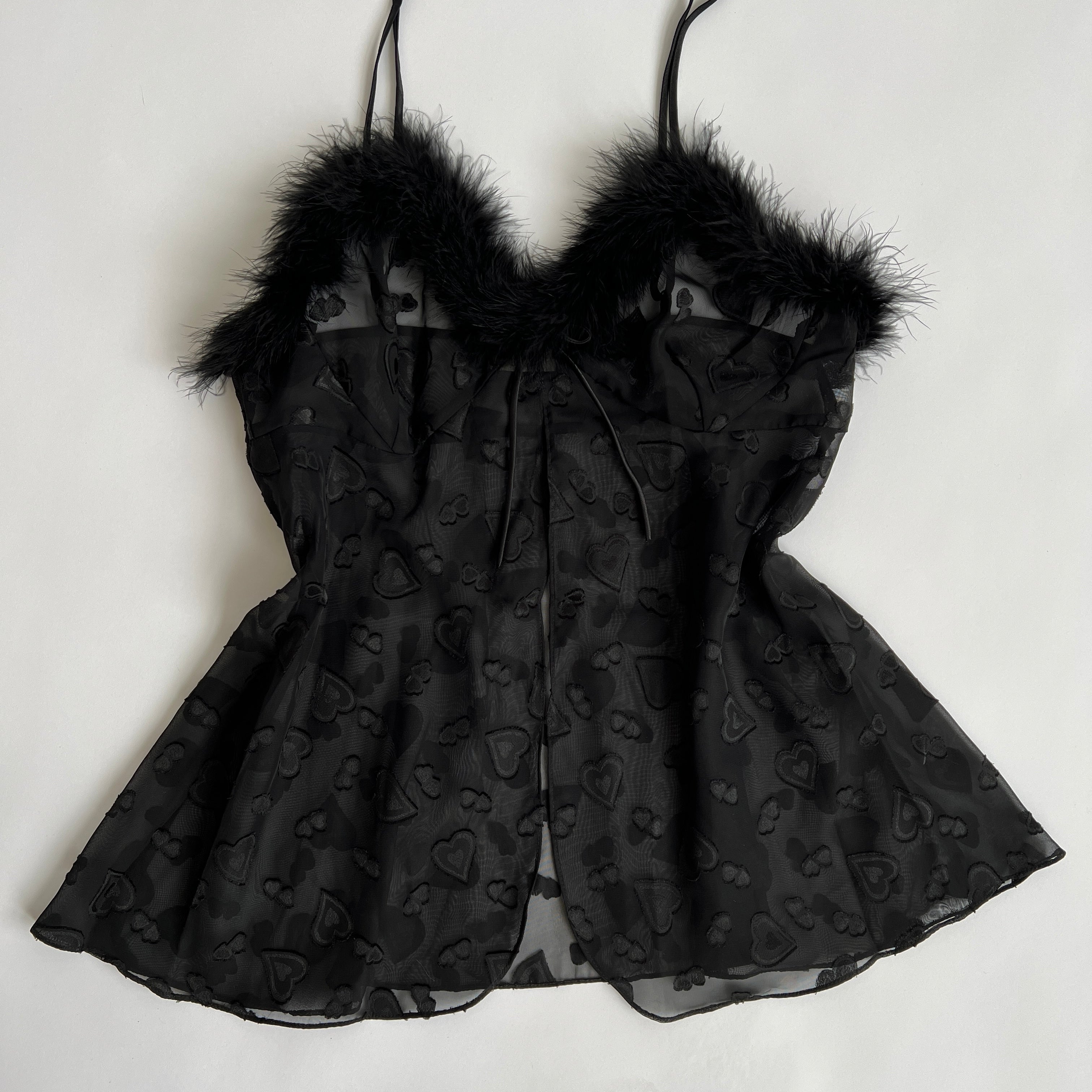 Vintage sheer cami with faux fur trim (XL)