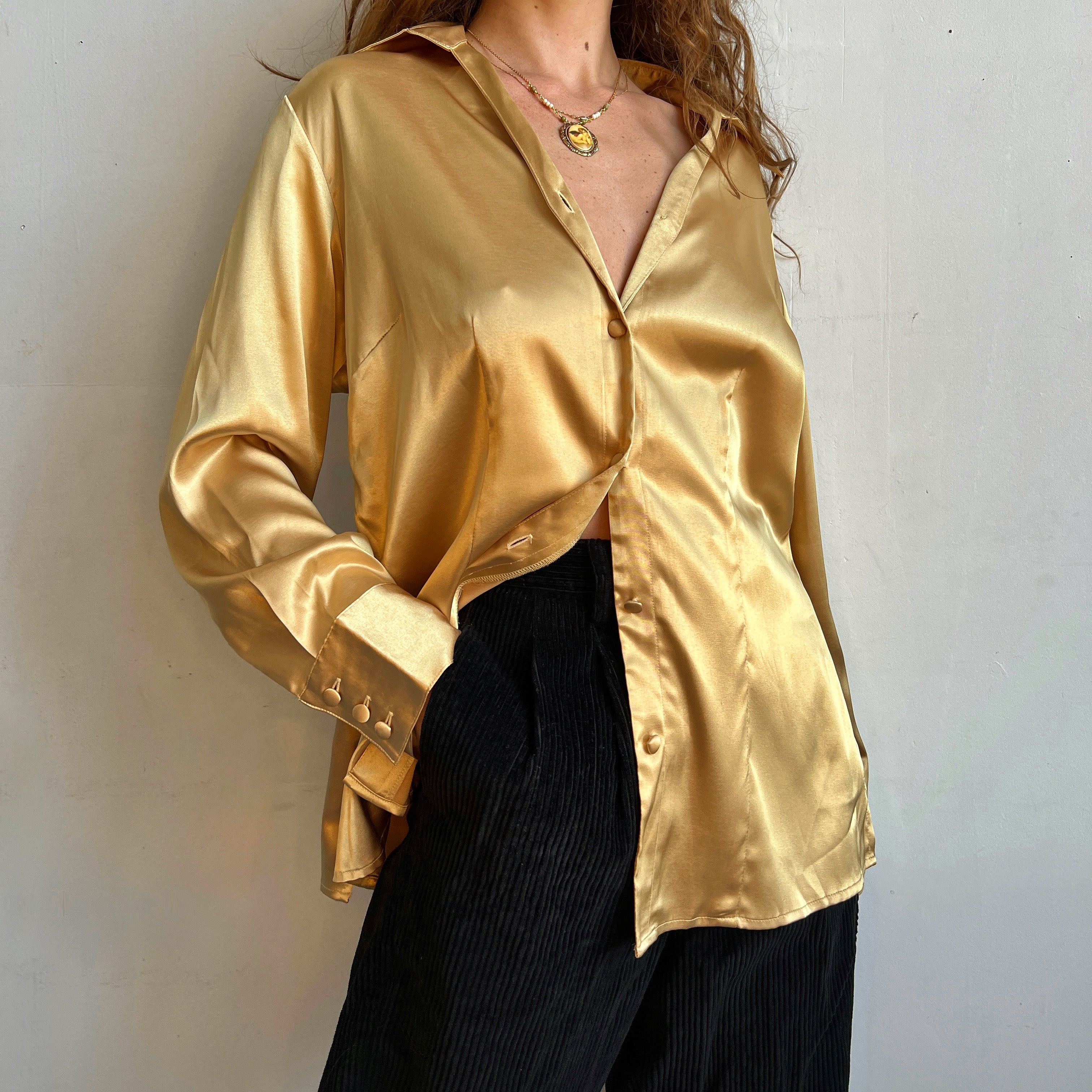Gold satin button up