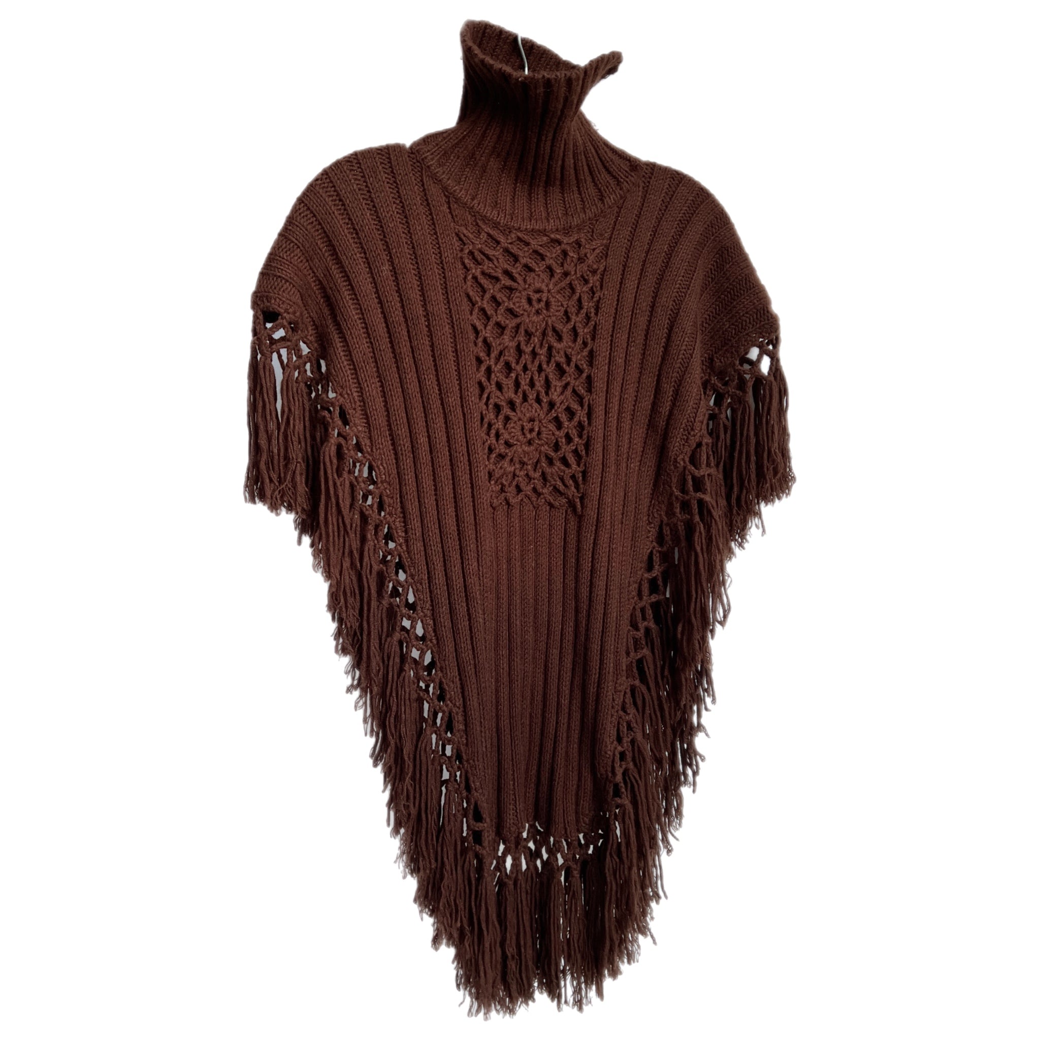 90s brown crochet fringe poncho