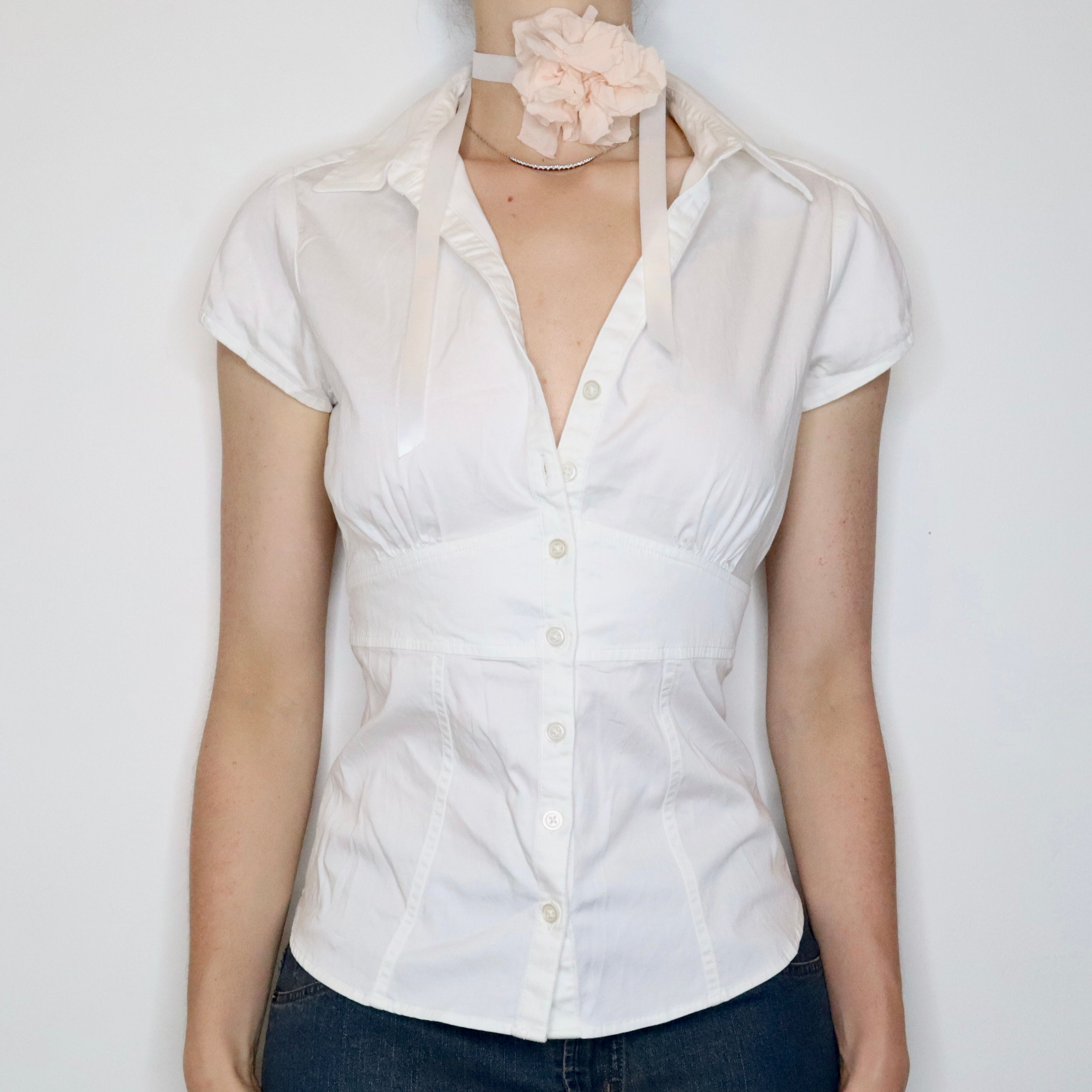 White Short Sleeve Button Up (Medium) 