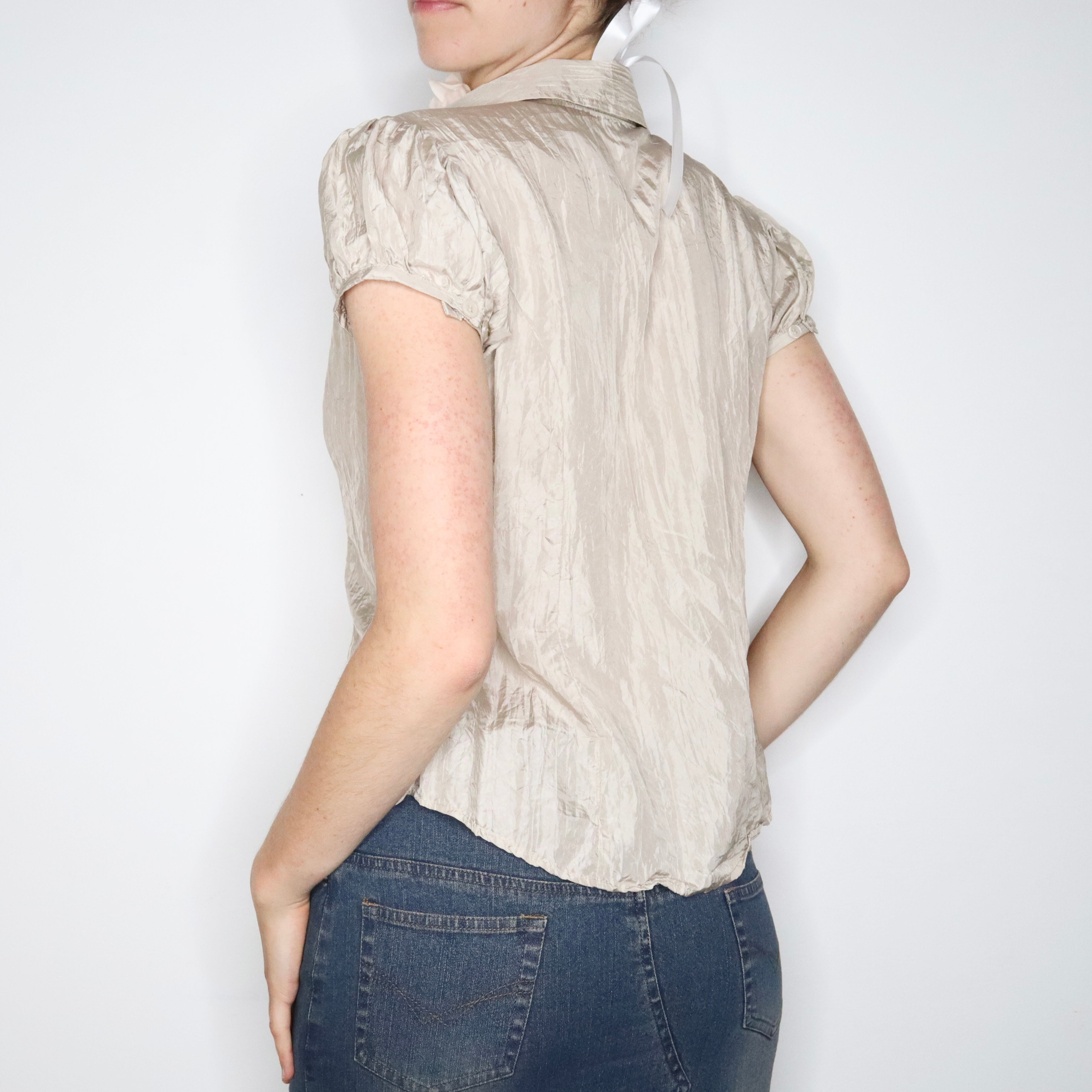 Beige Silk Button Up Blouse (Medium) 