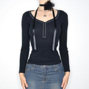 Black Long Sleeve Henley Top (XS) 