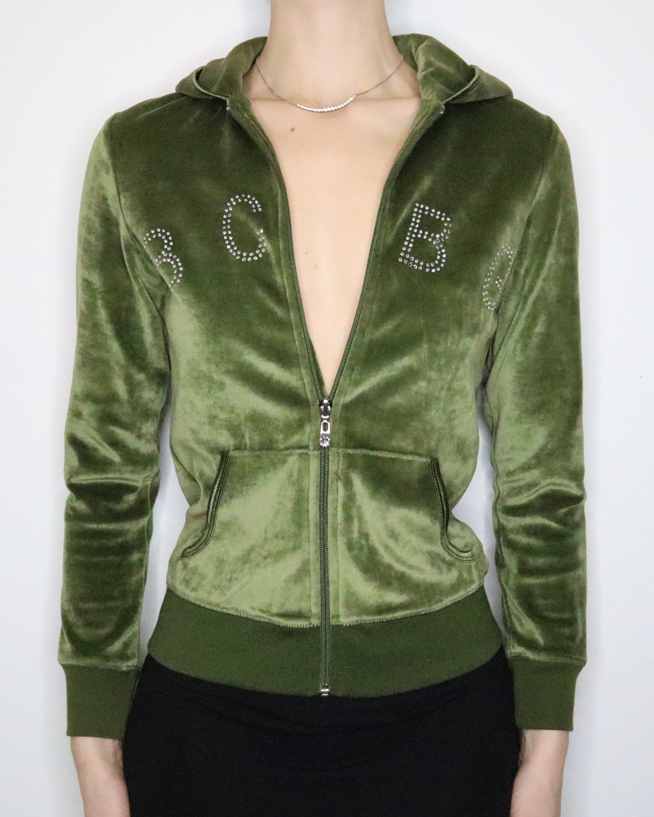 Green Velour Zip Up Hoodie (S-M) 