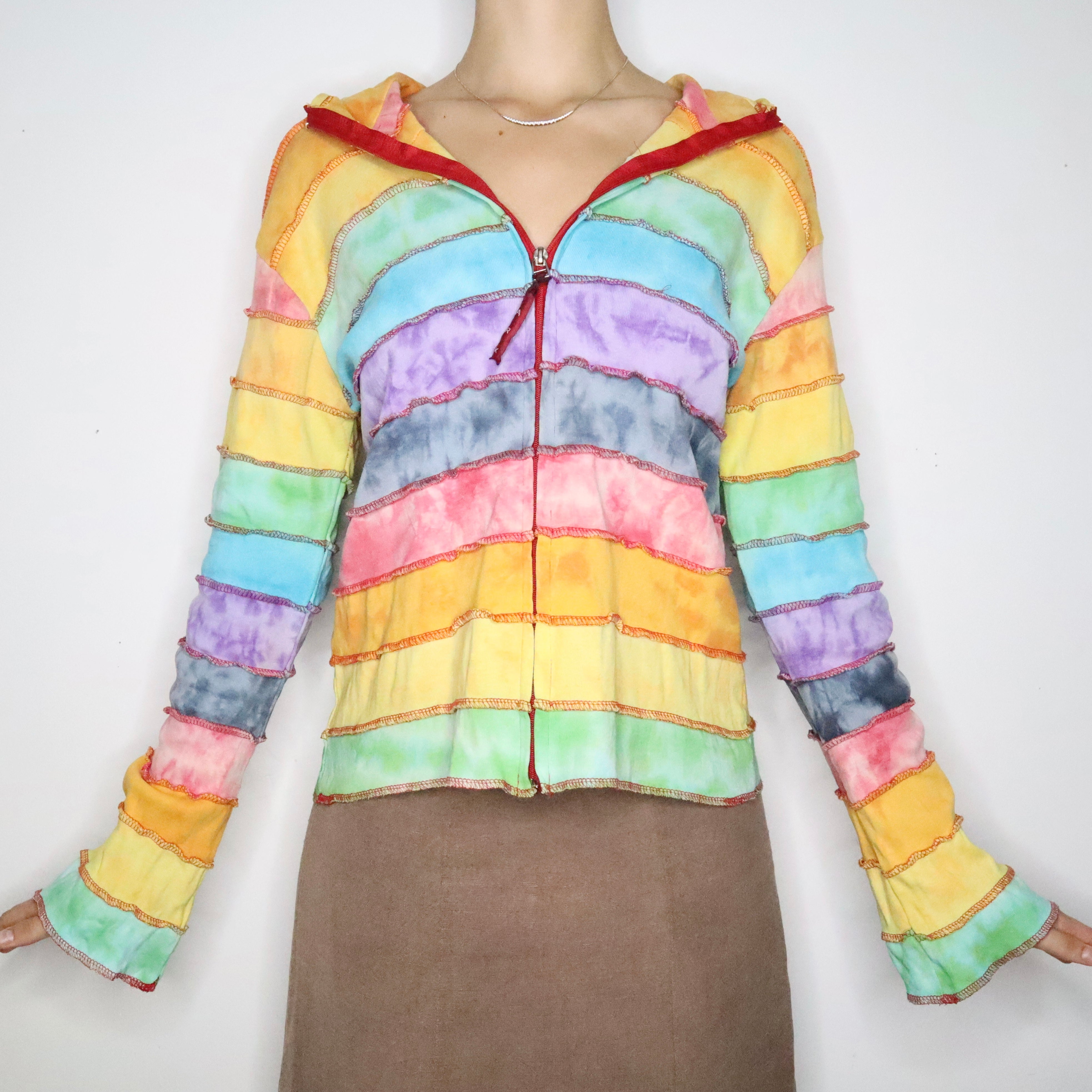 Rainbow Patchwork Zip Up Hoodie (Large)