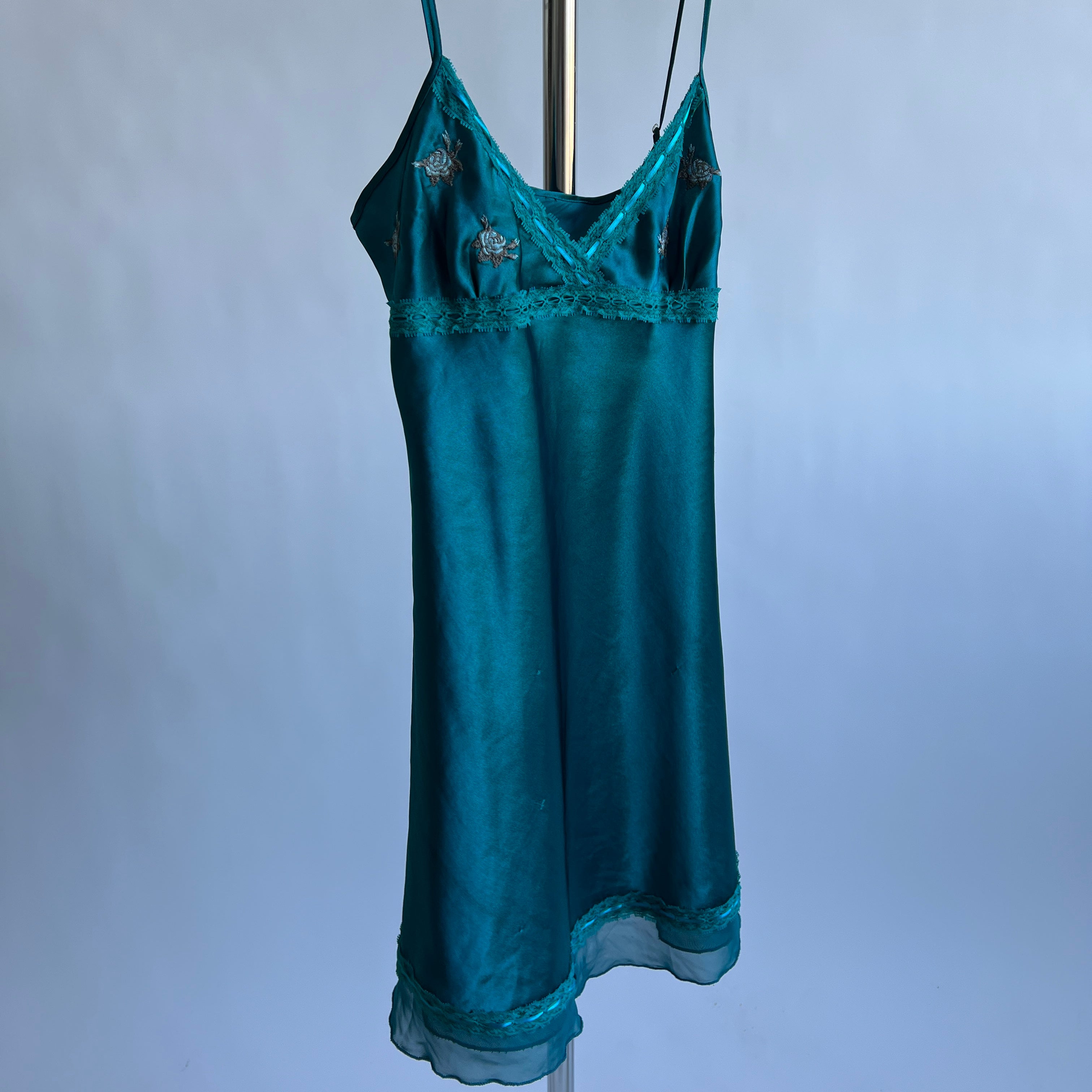 Teal satin embroidered flower slip