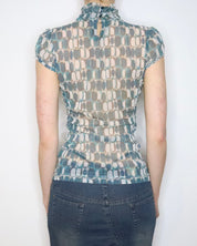 Blue Mesh Print Top (S-M) 