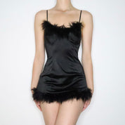 Marabou Trim Black Mini Dress (Small)