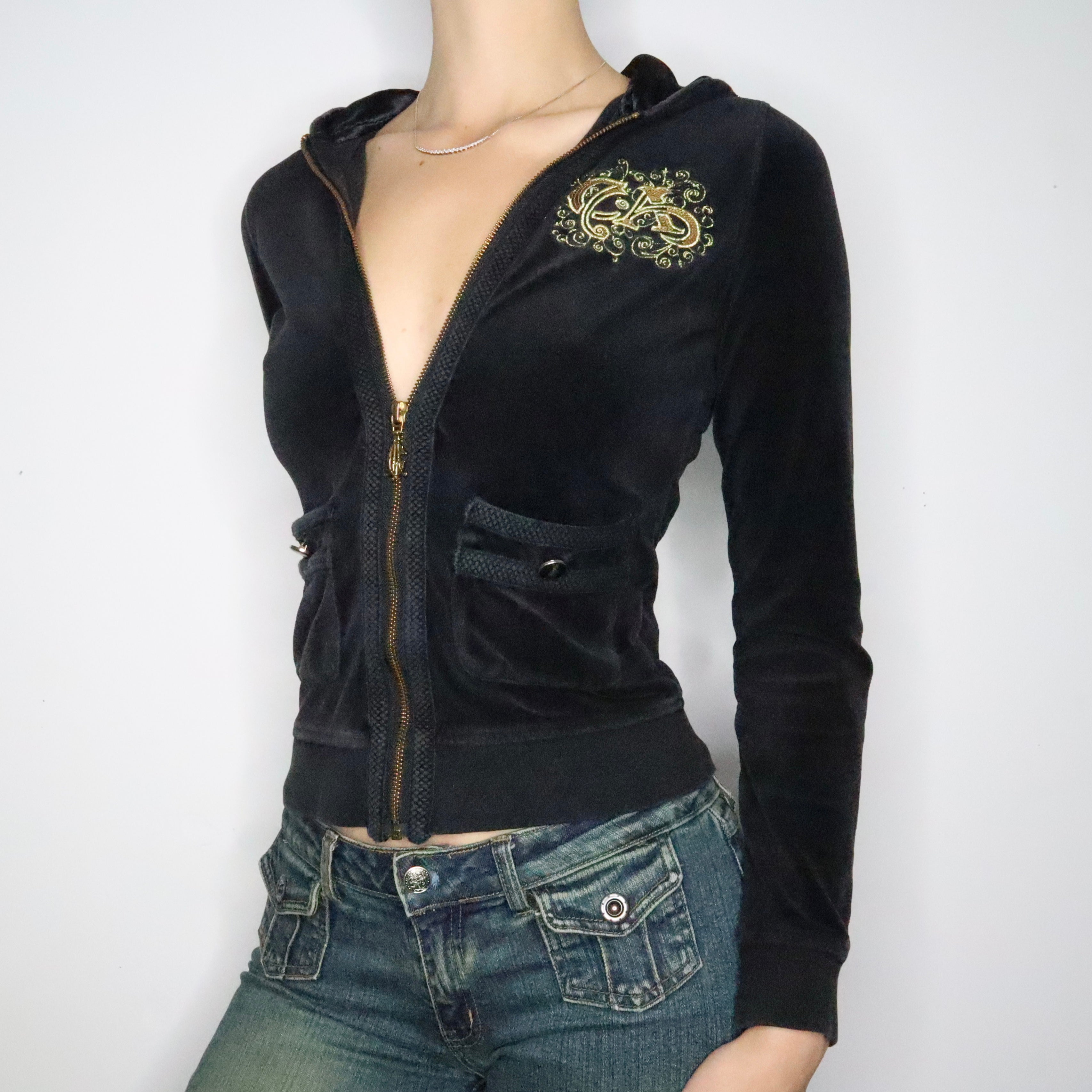 Black Velour Zip Up Hoodie (S-M)
