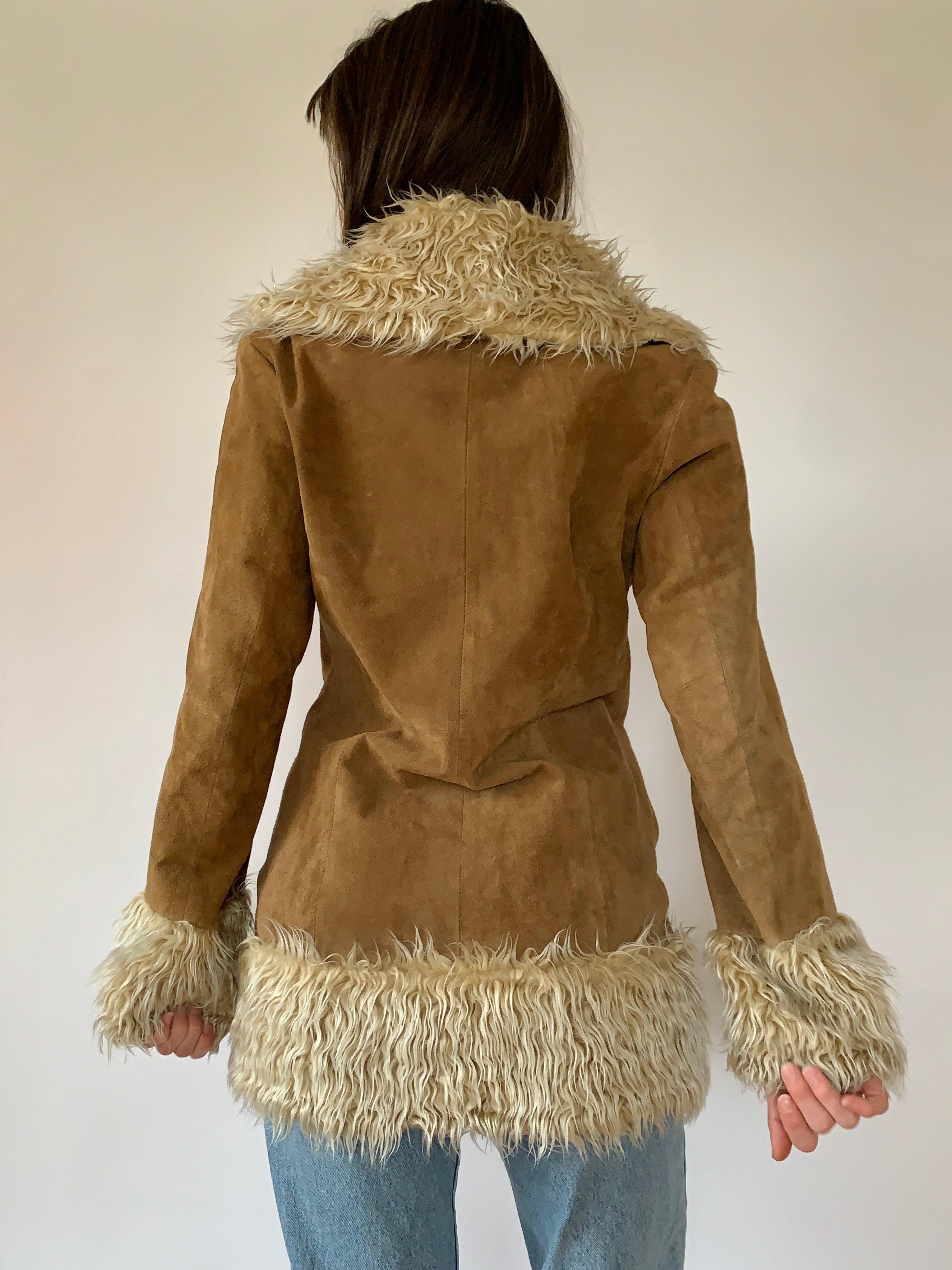 (ON HOLD) Penny Lane popular Coat 90s-00s, Suede + Faux Fur Trim, Sz L/XL