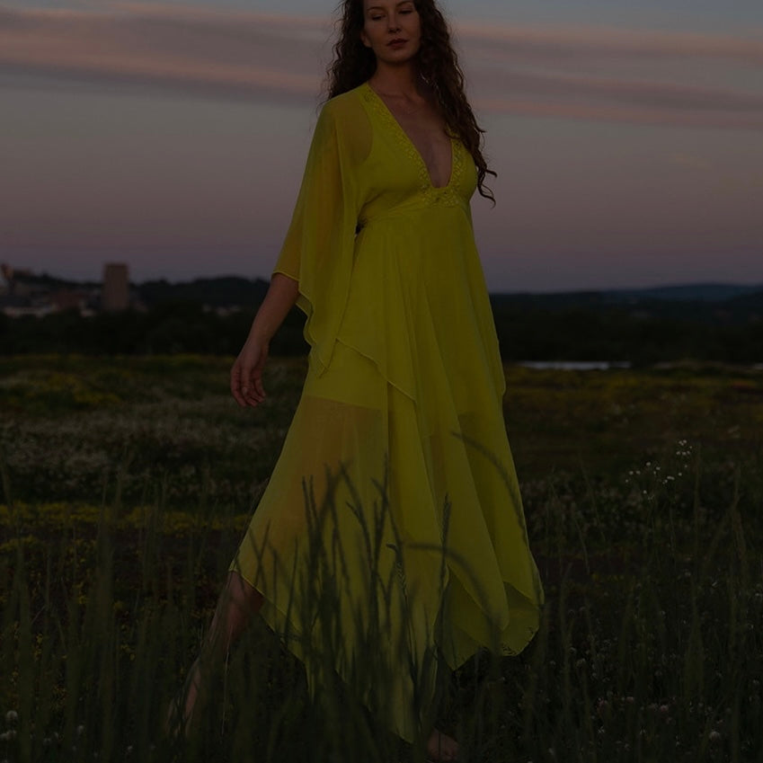 Chartreuse wide sleeve maxi dress