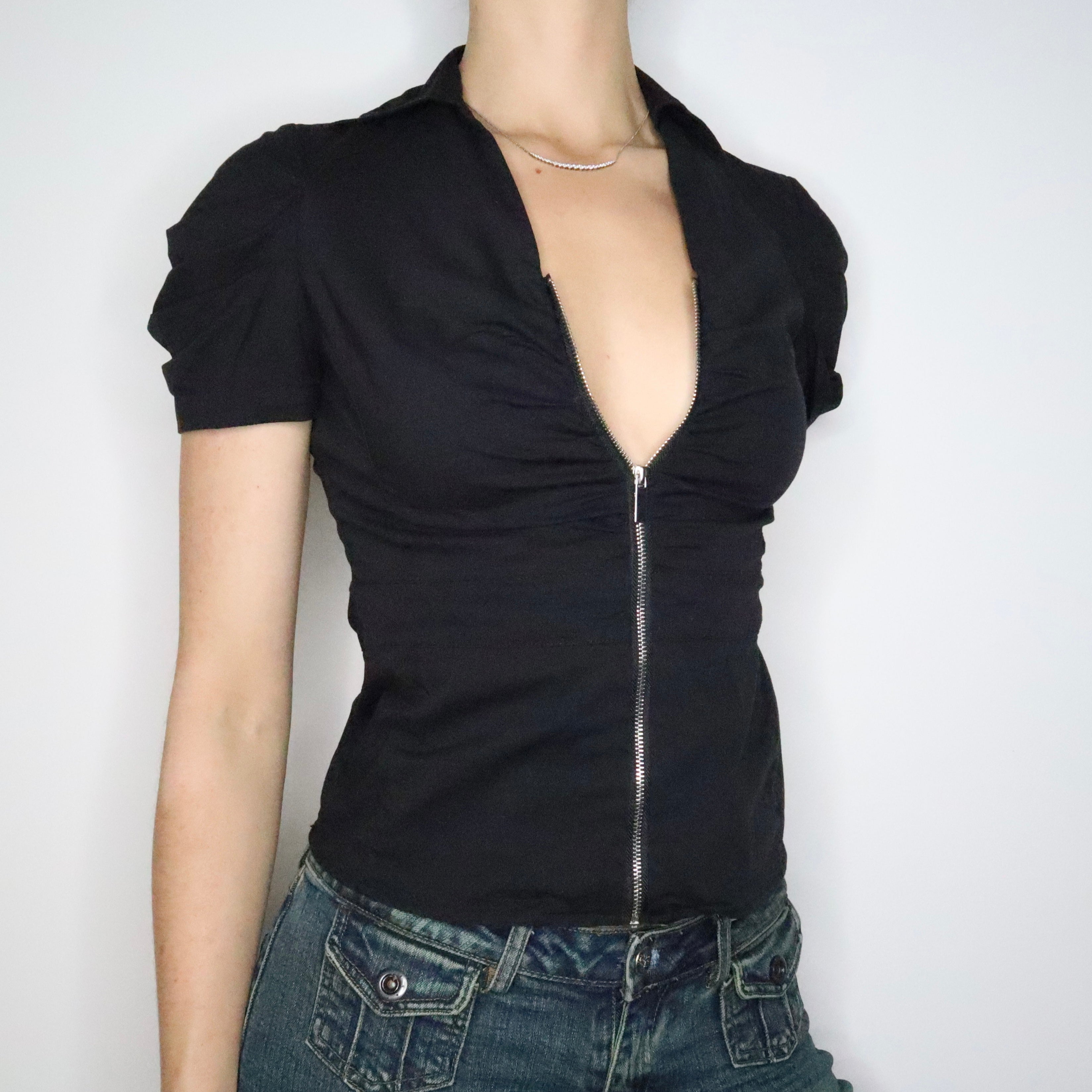 Black Zip Up Blouse (S-M)