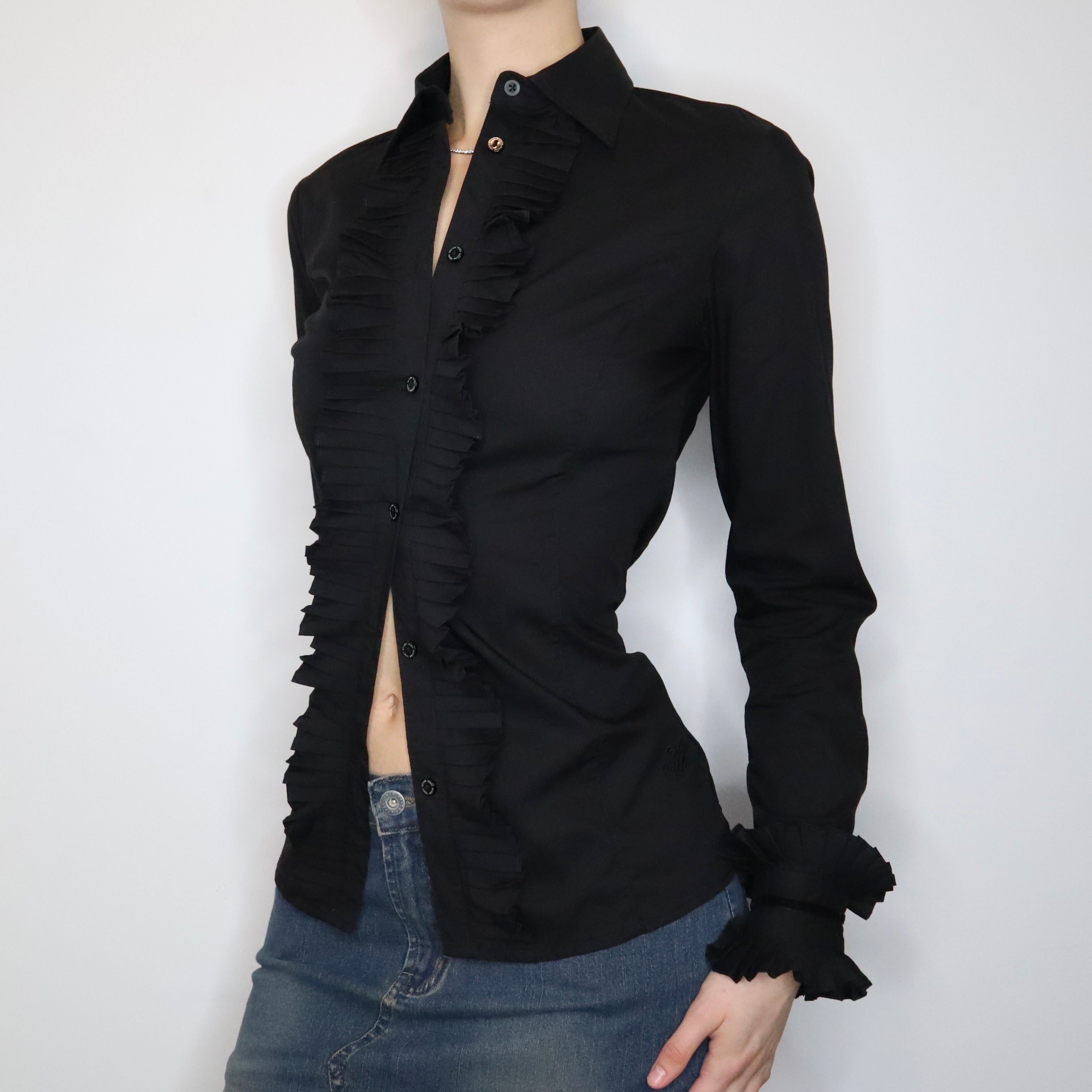 Black Ruffled Button Up Blouse (Medium) 