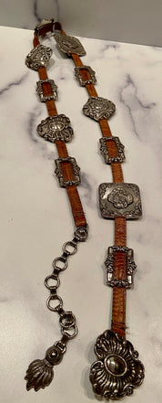 1993 BRIGHTON BELT – LEATHER – SILVER – CONCHOS & CHAIN DESIGN