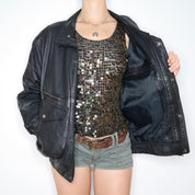 90s Oversized Black Leather Bomber Jacket (XL)