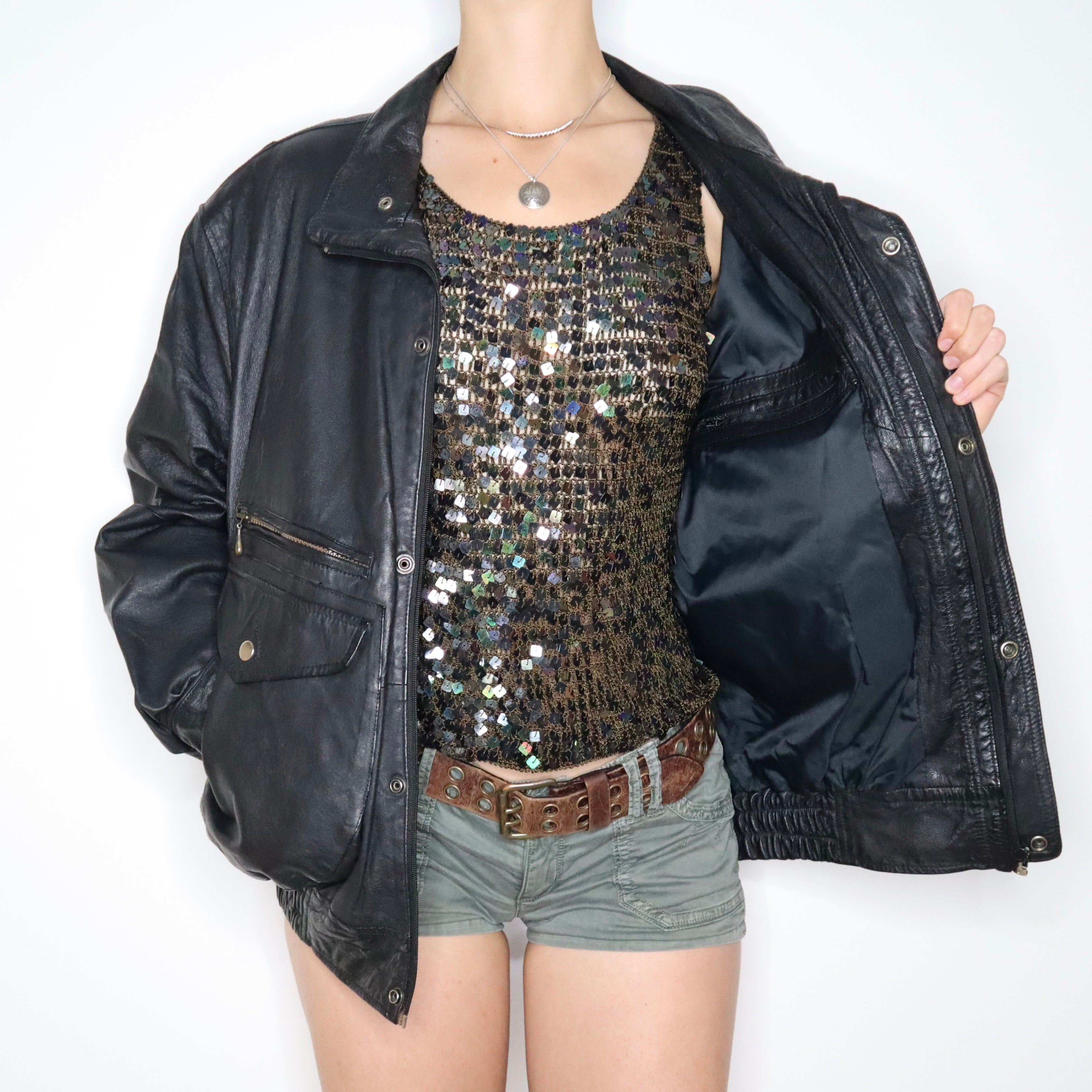 90s Oversized Black Leather Bomber Jacket (XL)