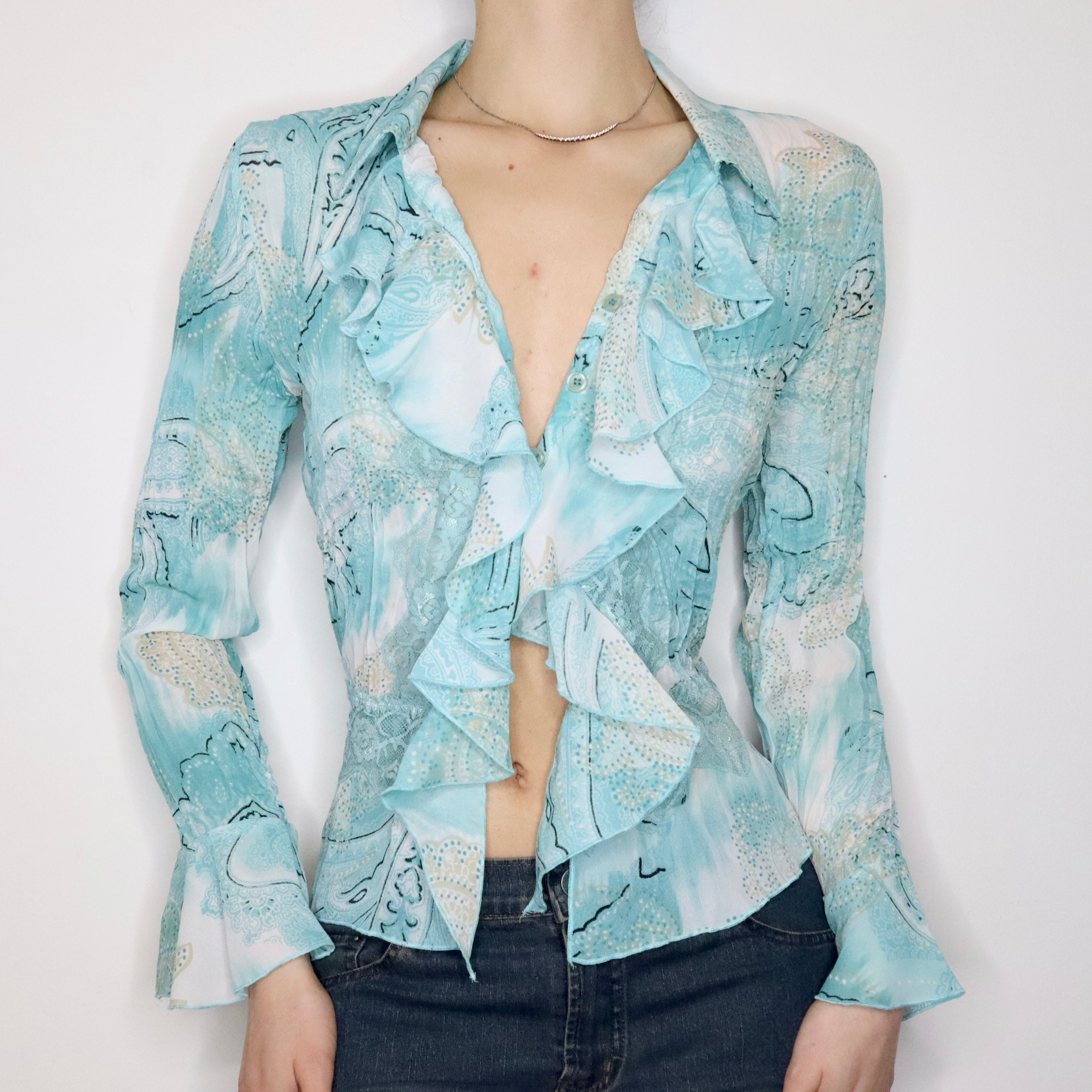 Blue Paisley Ruffle Blouse (S-M) 