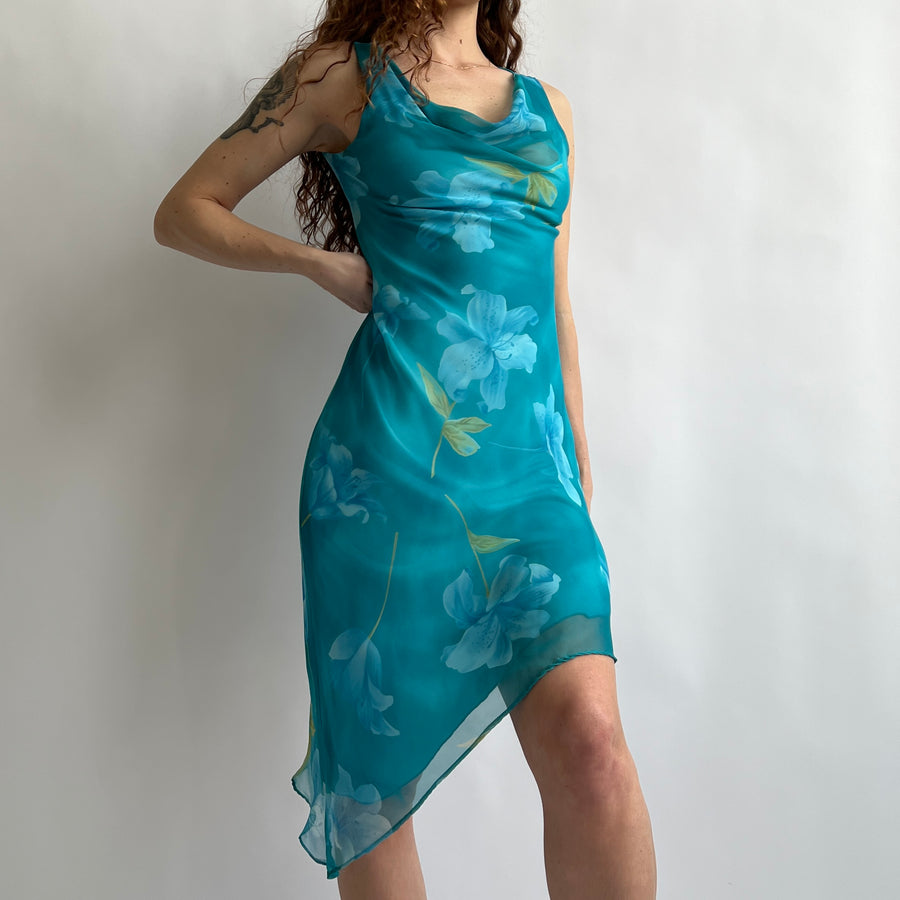 Y2K blue floral midi dress (L)