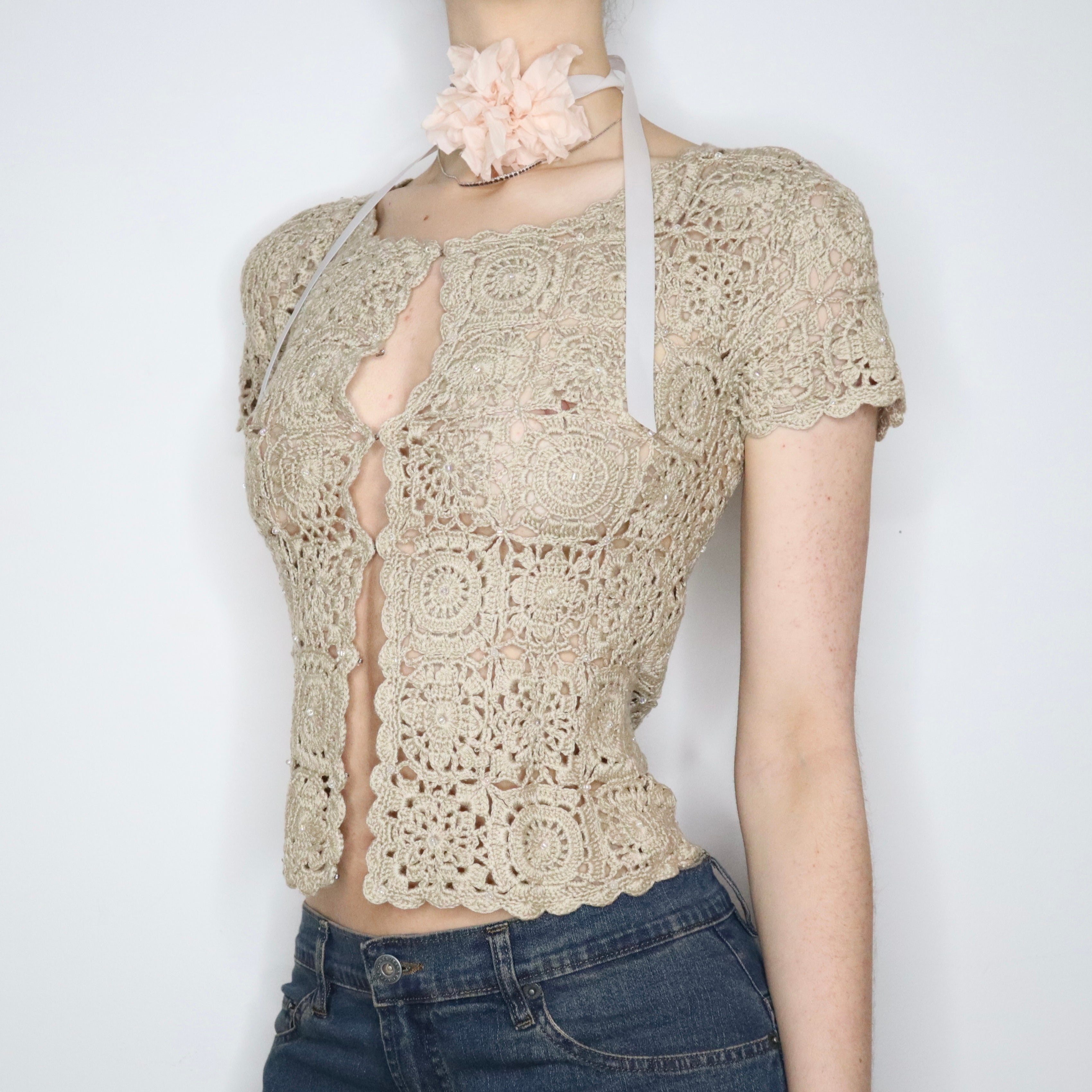 Beige Crochet Cardigan (XS-S) 