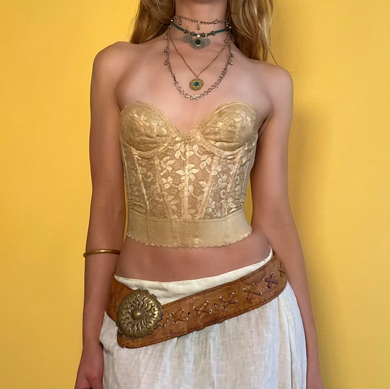 Vintage Gold Lace Bustier Top - Small
