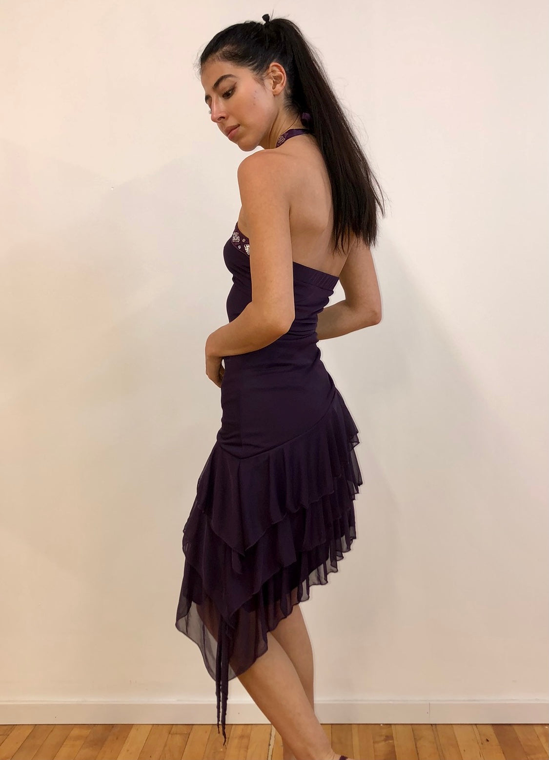 Mesh Cascade Halter Dress