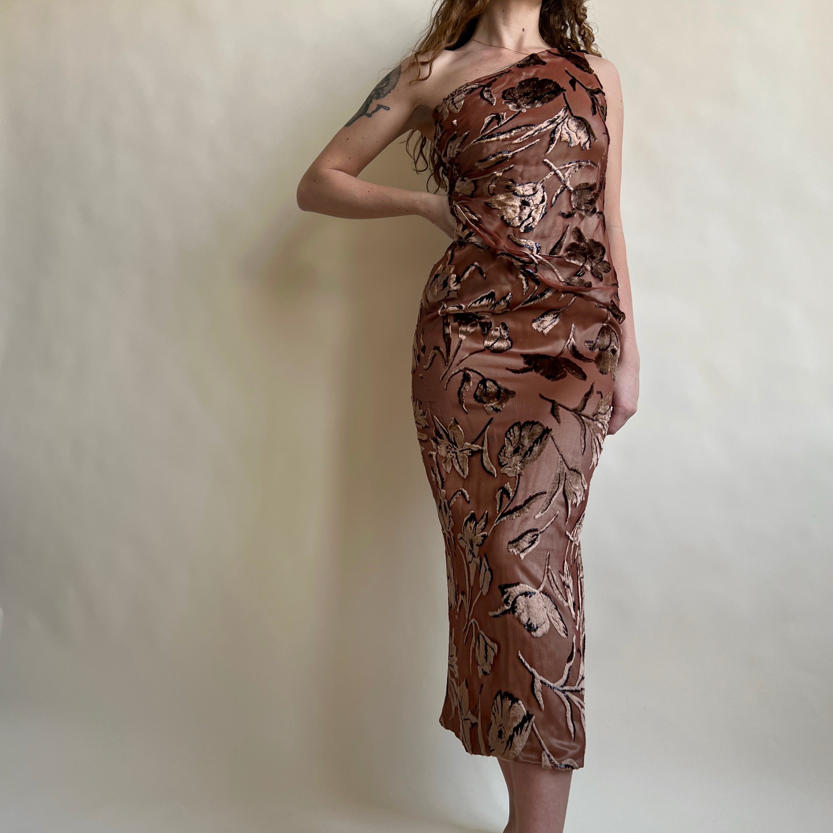  floral velvet one shoulder maxi dress